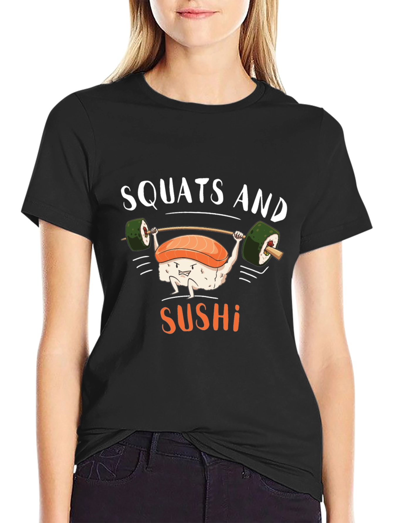 Black Squats and Sushi Funny Workout T-Shirt view 2