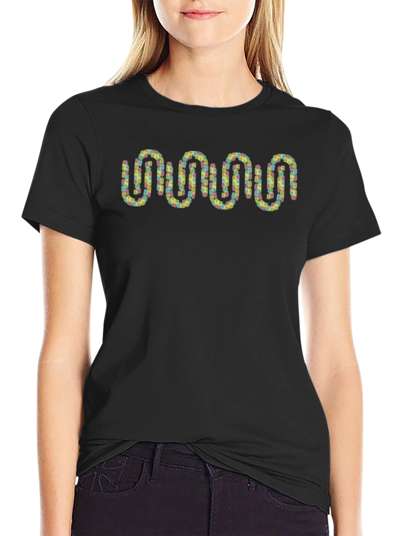 Black Colorful Puzzle Piece Wave Black T-Shirt view 2
