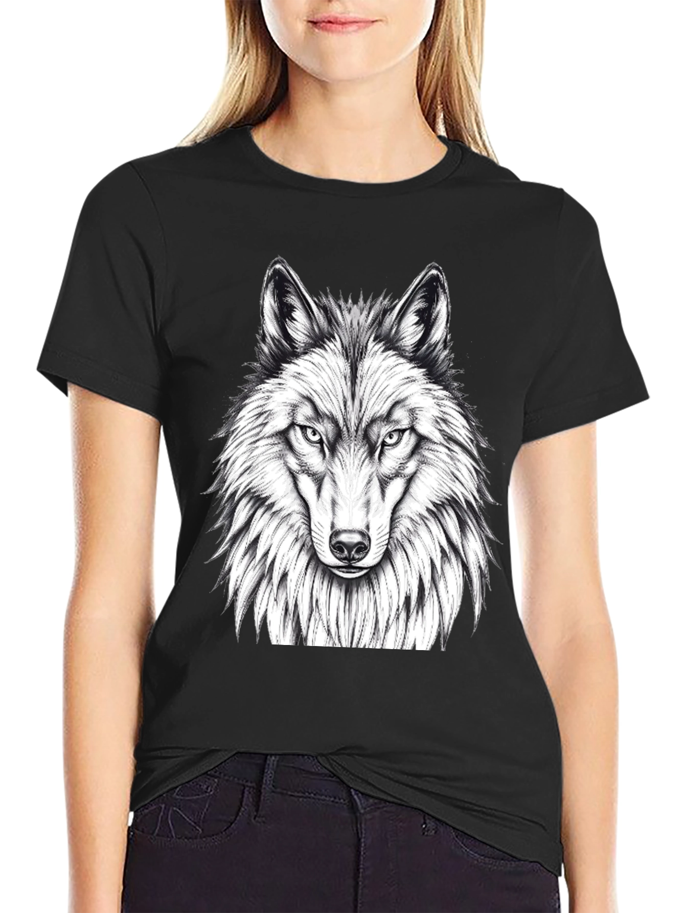 Black Wolf Graphic Tee - Black Crew Neck T-Shirt view 2