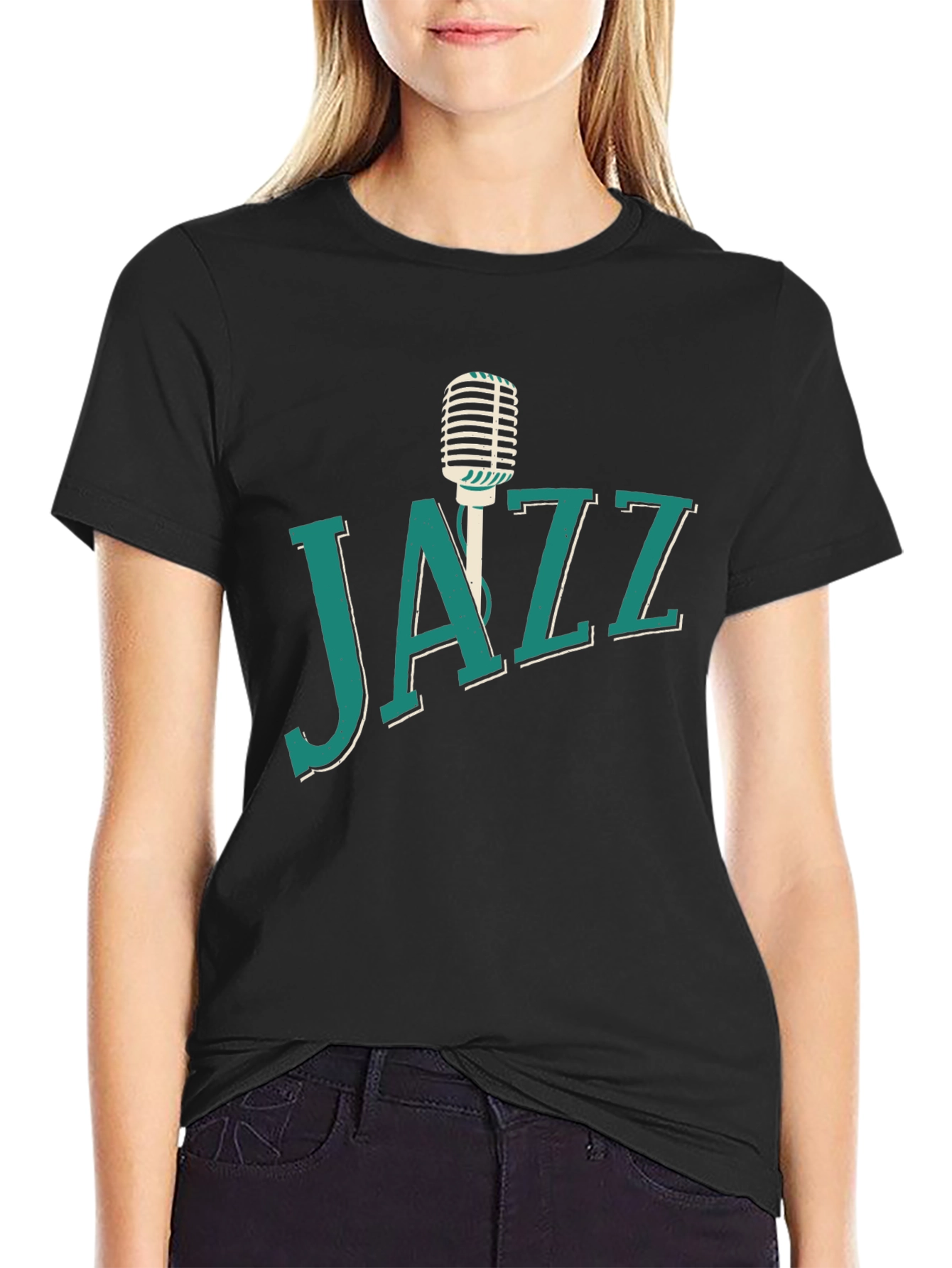Black Jazz Music T-Shirt, Microphone Graphic view 2