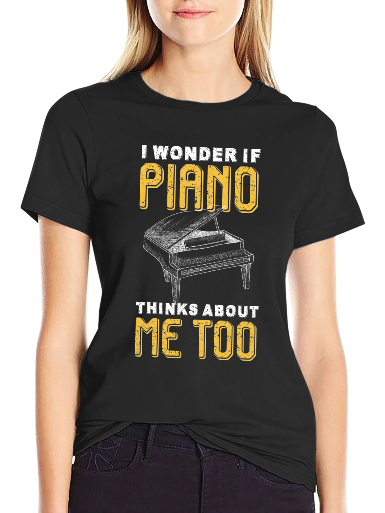 Black Piano Lover T-Shirt - I Wonder If Piano Thinks About Me Too view 2