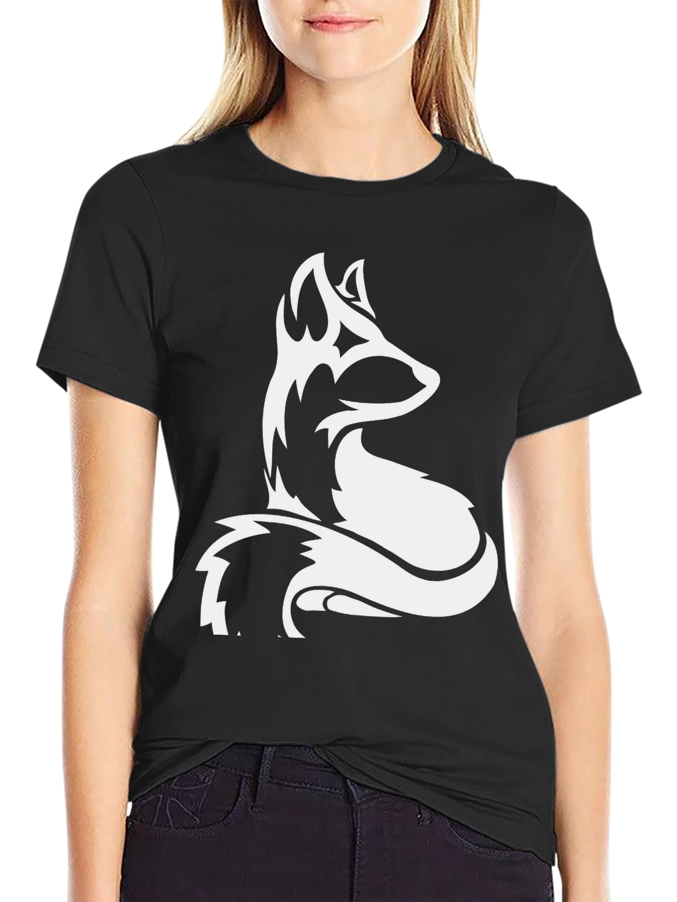 Black Men's Black T-shirt with White Fox Graphic view 2