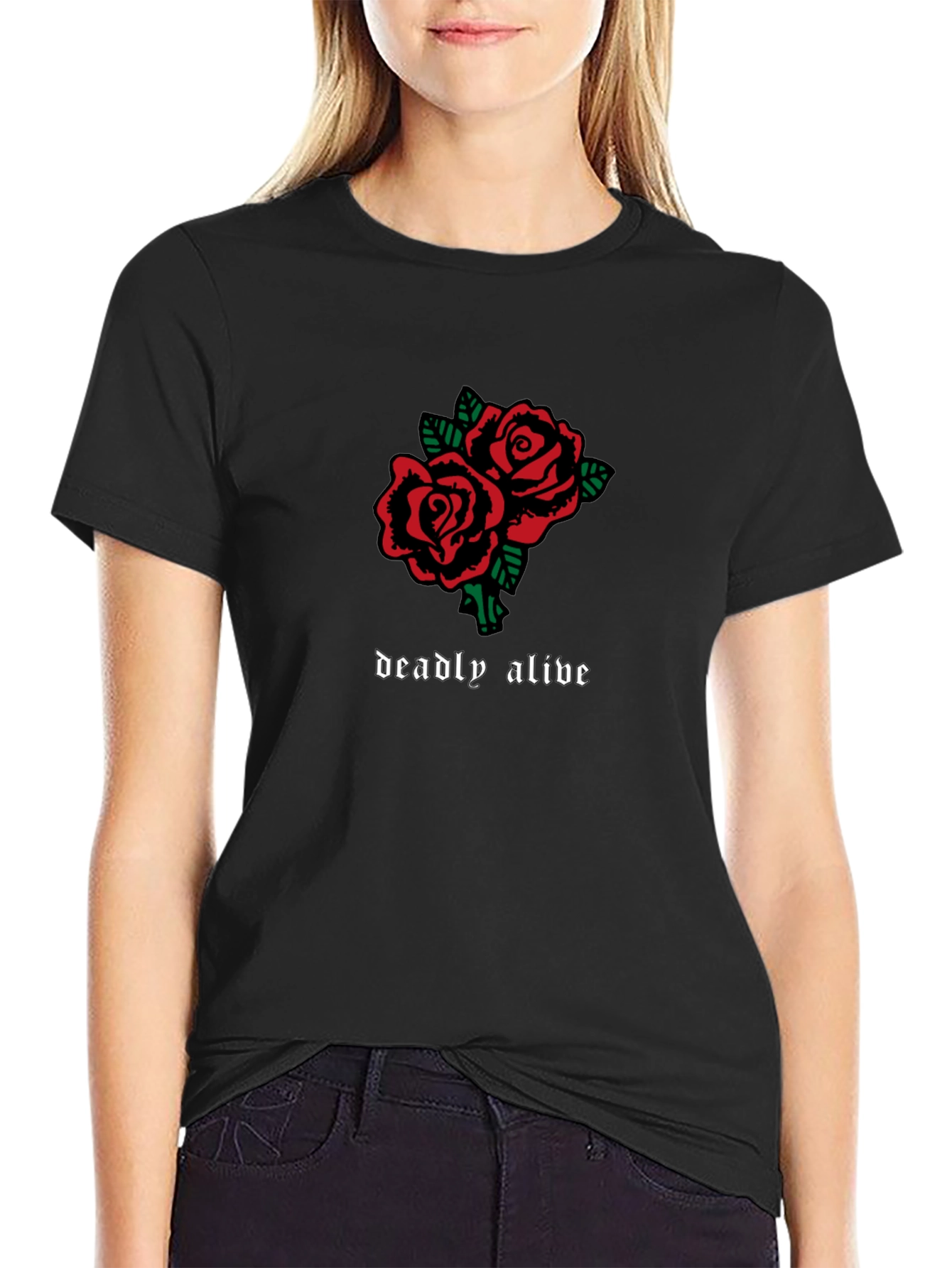 Black Deadly Alive Roses Graphic T-Shirt - Black view 2