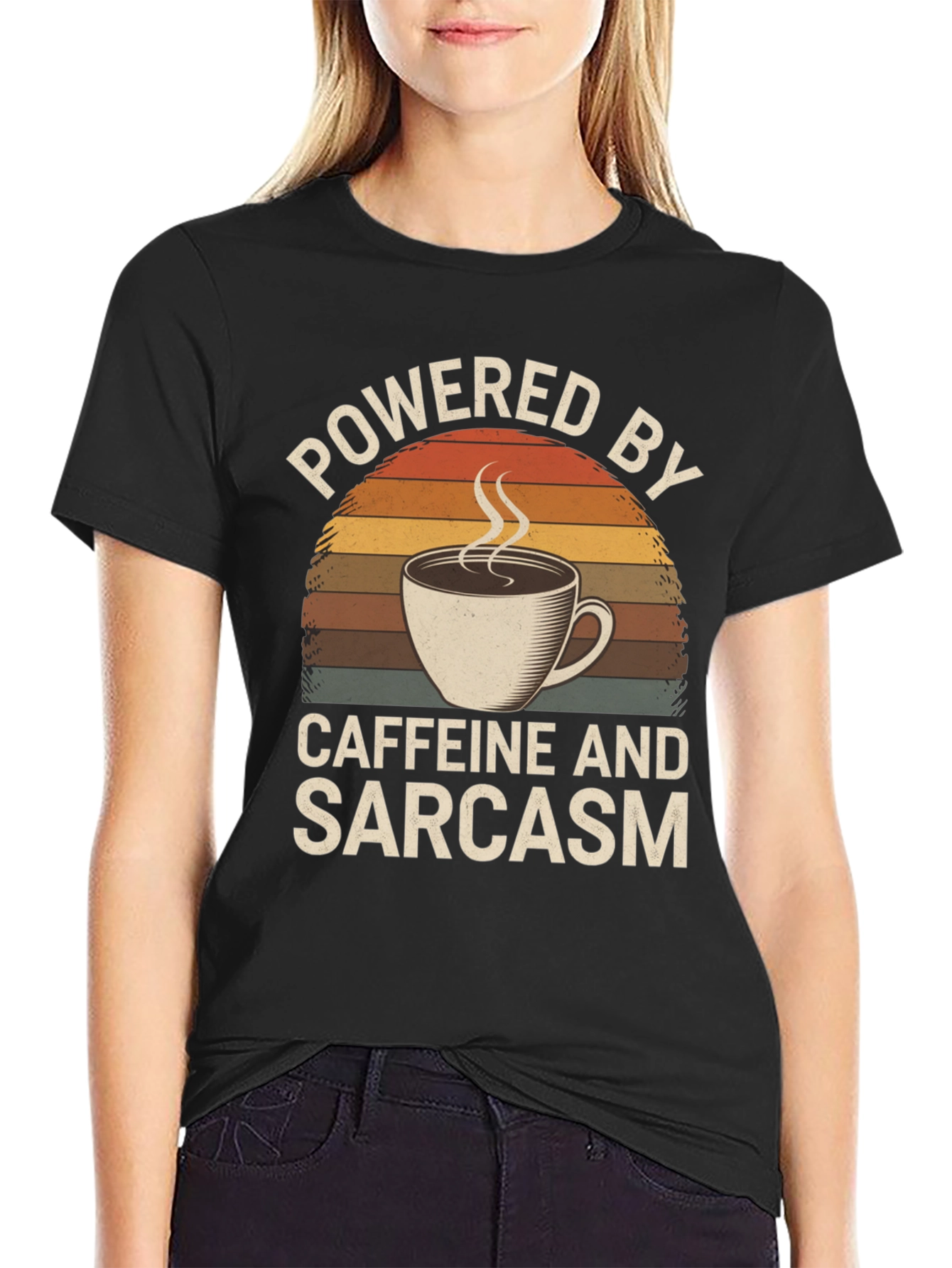 Black Powered by Caffeine and Sarcasm T-Shirt view 2