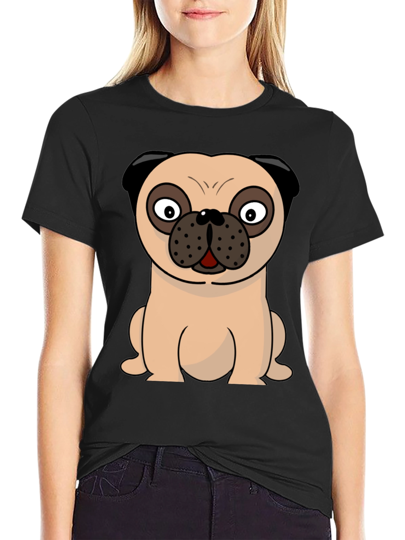 Black Cartoon Pug Graphic Tee - Men's Black T-Shirt view 2