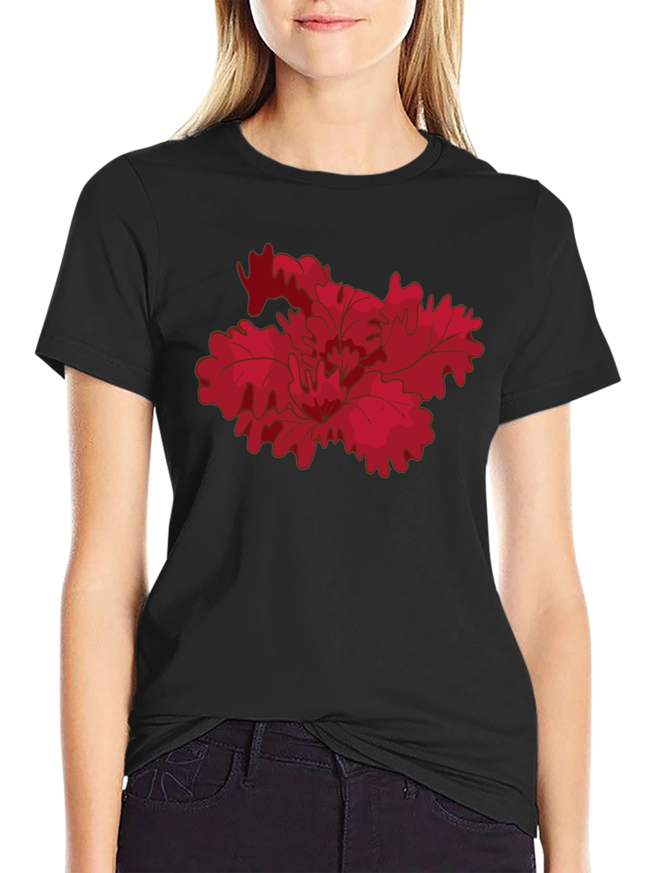 Black Red Floral Graphic Black T-Shirt view 2