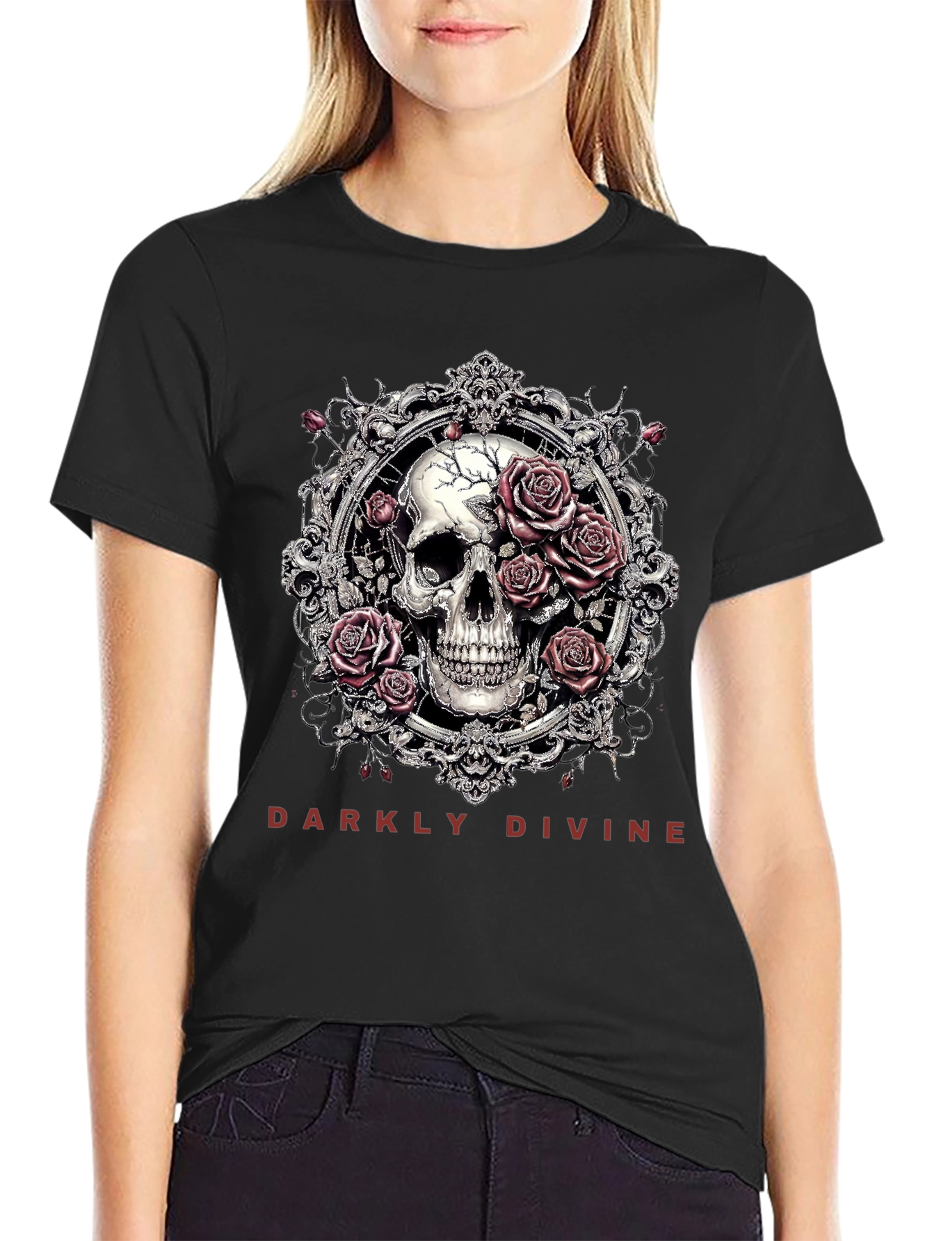 Black Darkly Divine Skull & Roses Graphic T-Shirt view 2