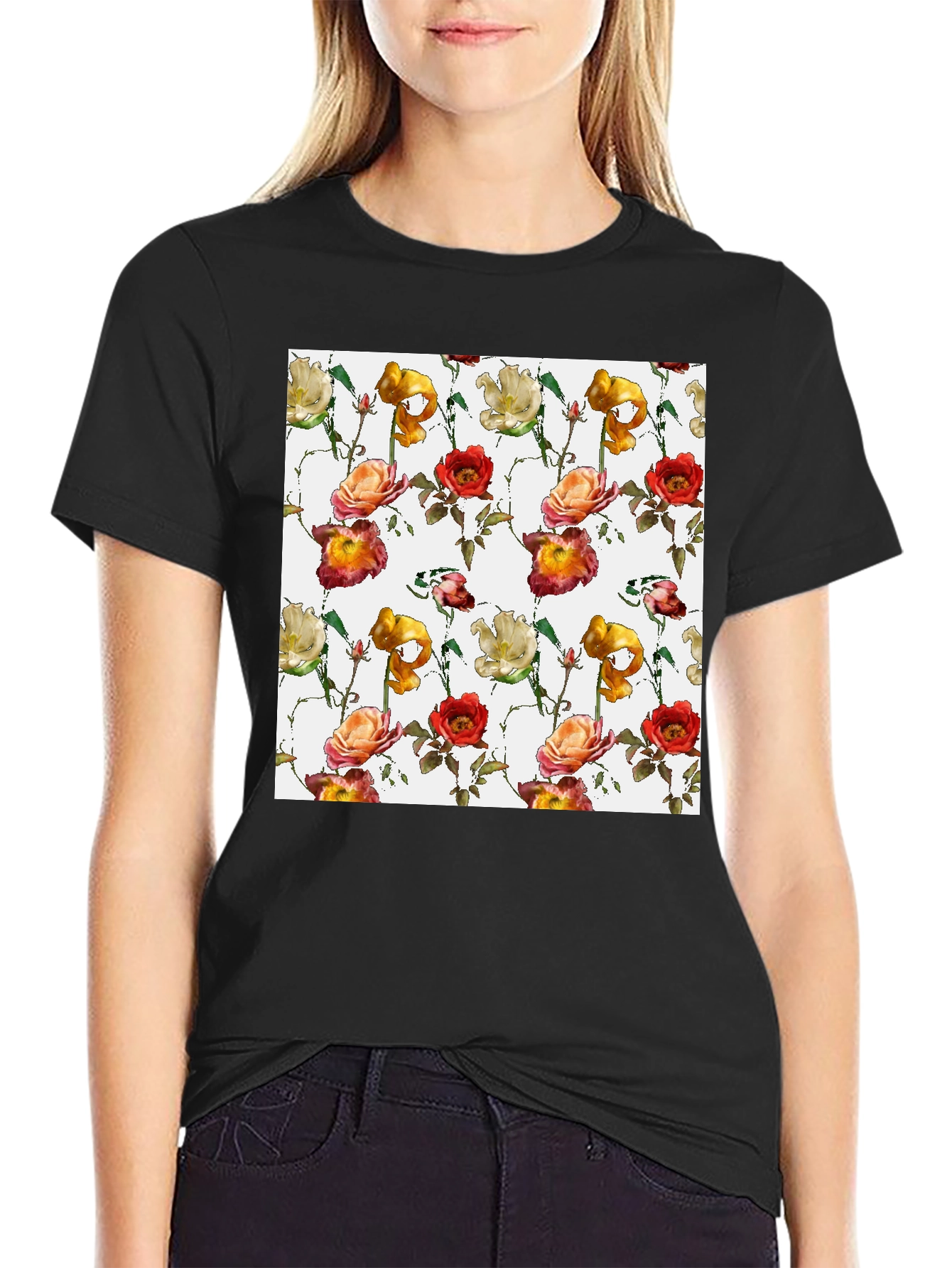 Black Floral Pattern T-Shirt view 2