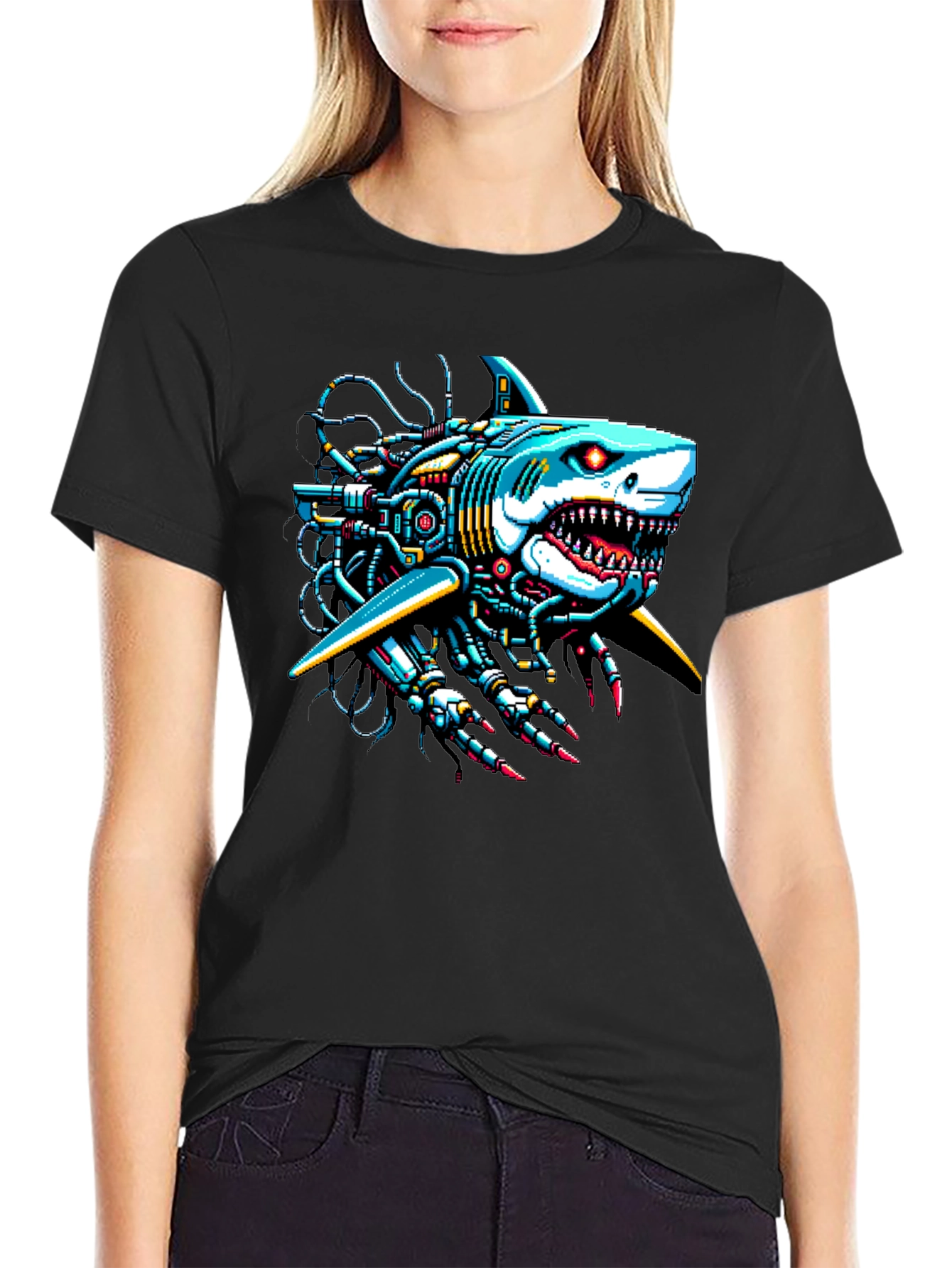 Black Cyberpunk Shark Graphic Tee - Unique & Bold Design view 2