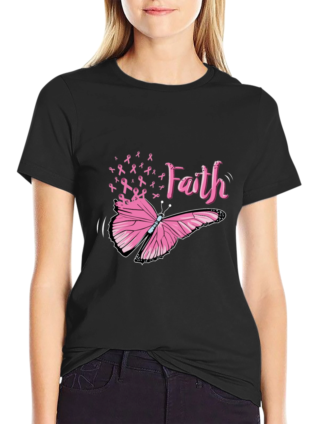 Black Faith Butterfly Breast Cancer Awareness Tee view 2