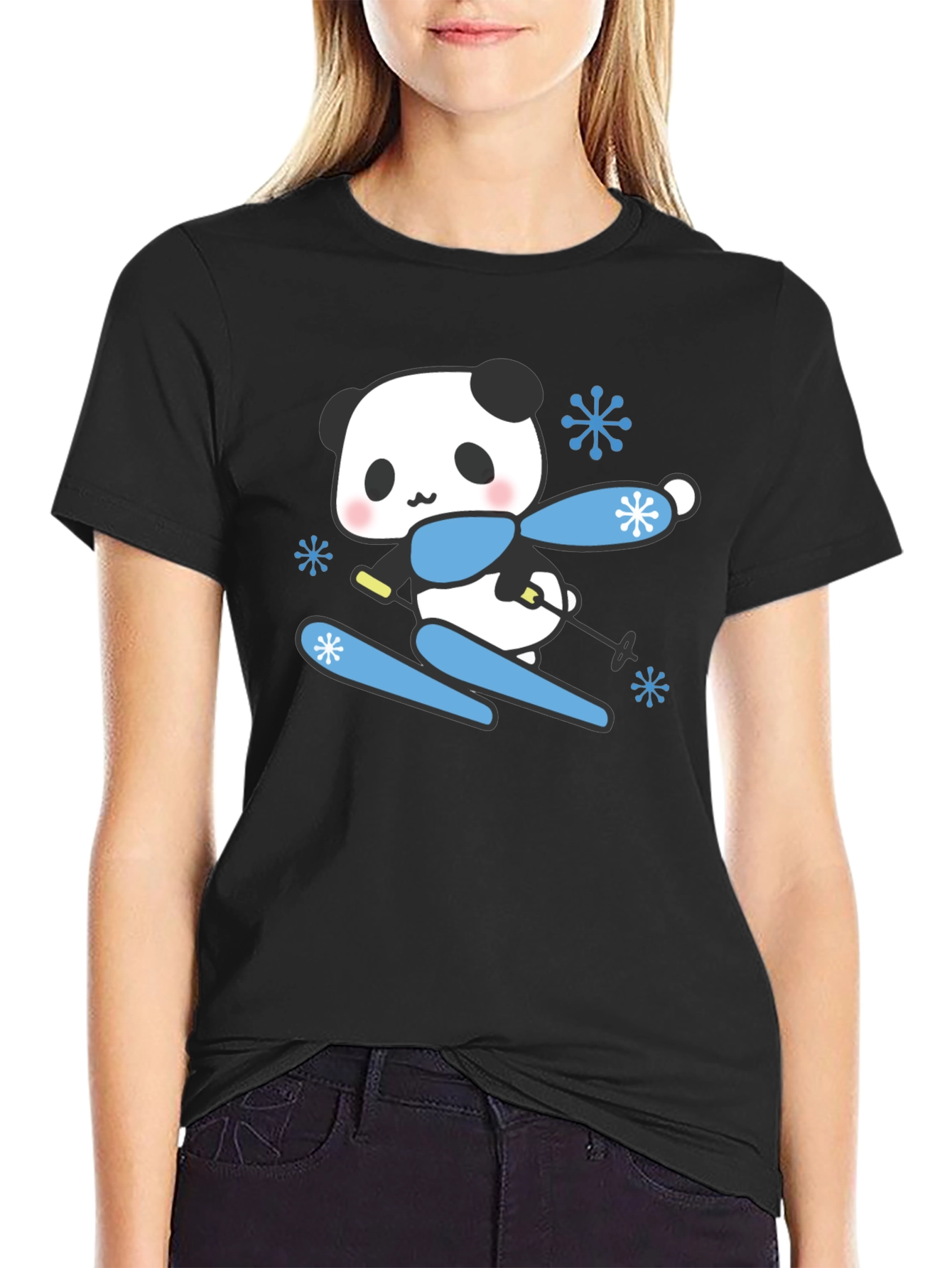Black Skiing Panda T-Shirt - Cute Winter Apparel view 2