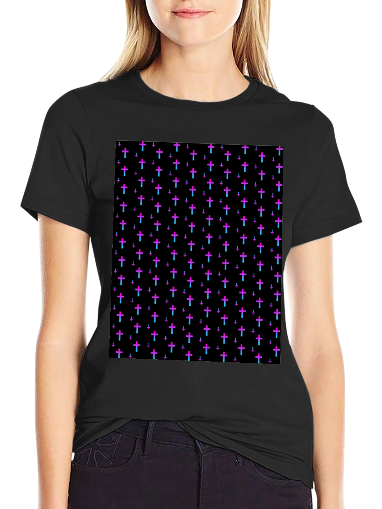 Black Cross Pattern Black T-Shirt view 2
