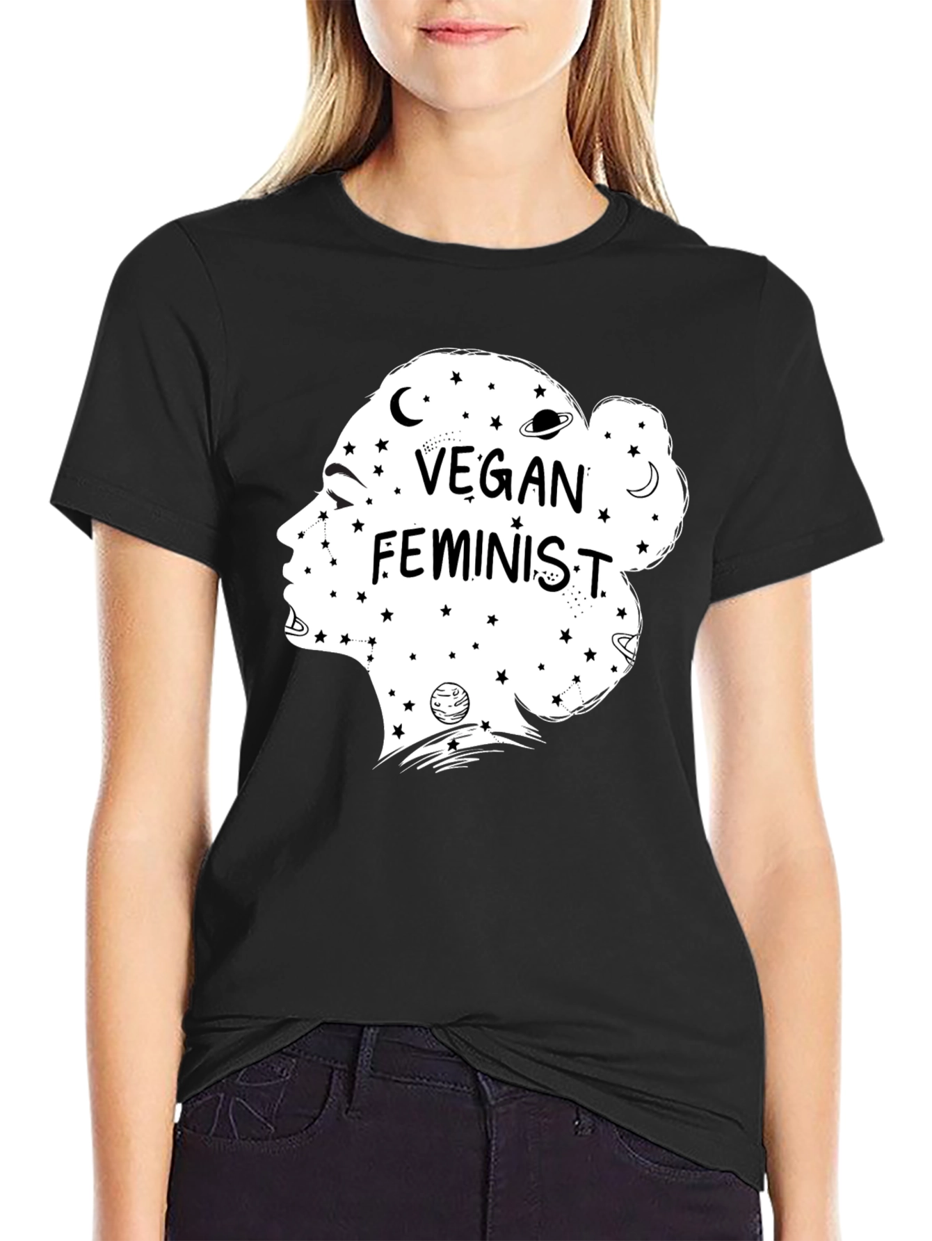 Black Vegan Feminist T-Shirt - Black Crew Neck Tee view 2