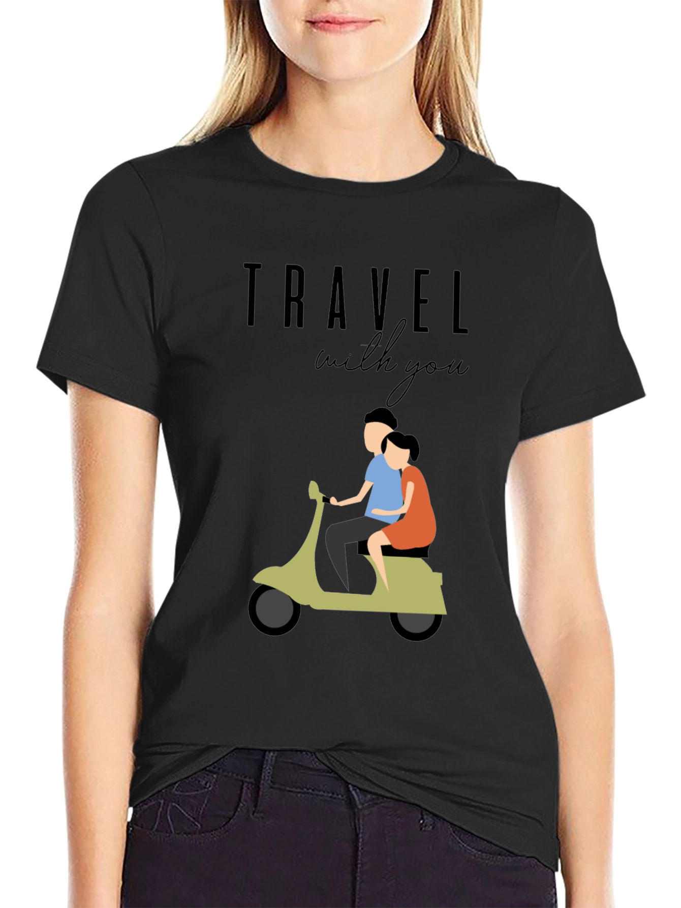 Black Travel With You Graphic Tee - Stylish Couple Scooter Design view 2
