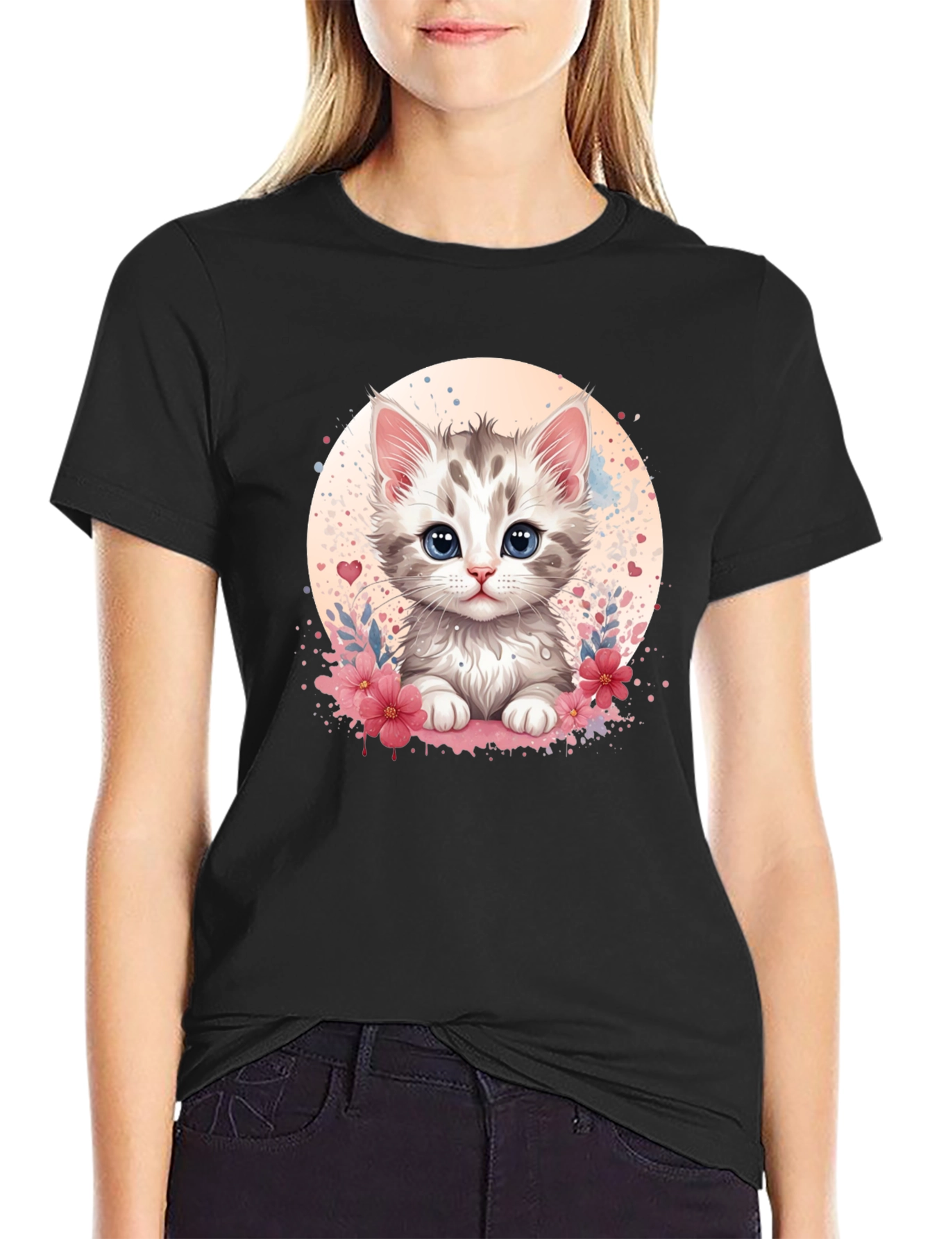 Black Cute Kitten Graphic Black T-Shirt view 2