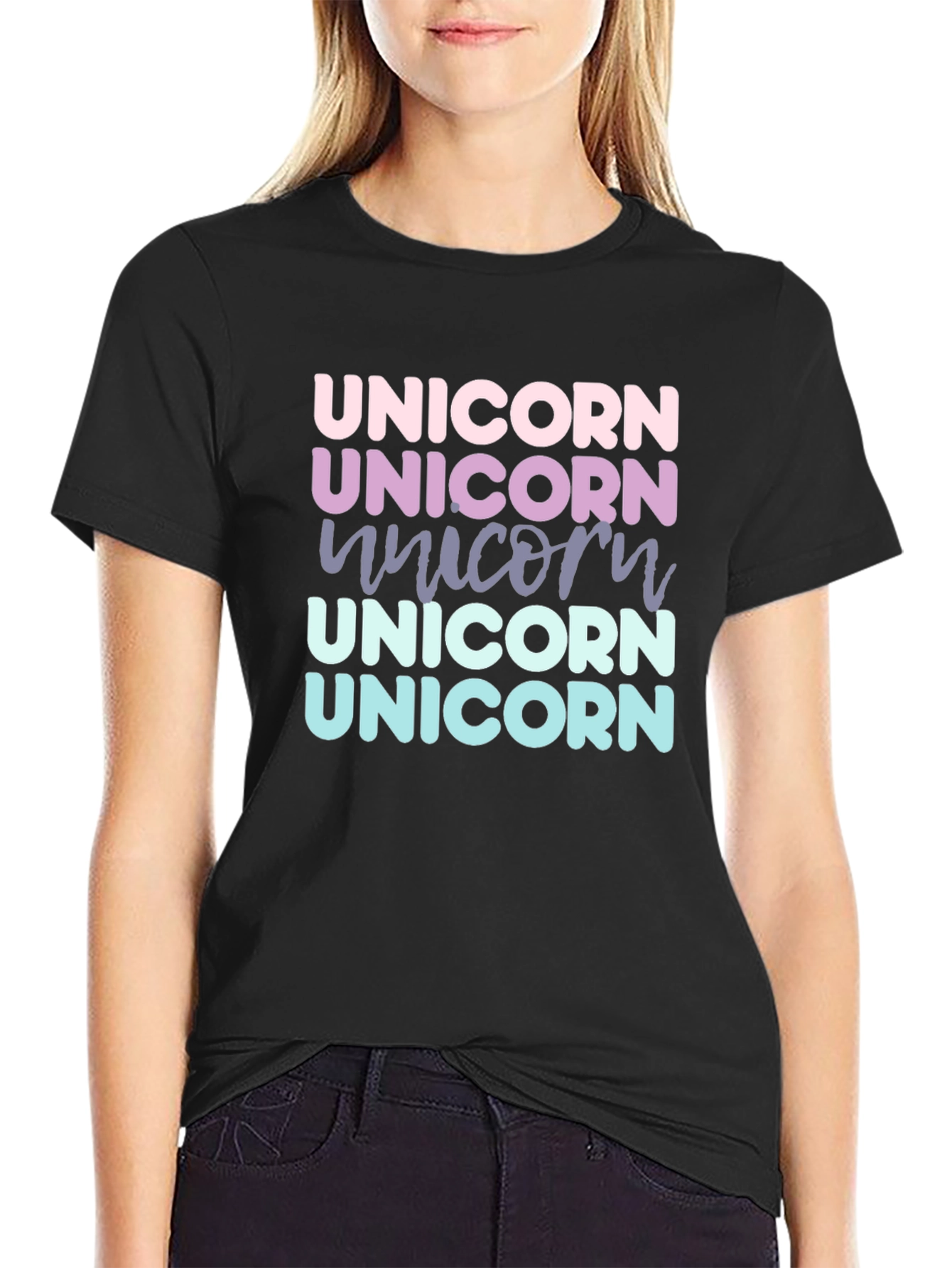 Black Unicorn Rainbow Text T-Shirt view 2