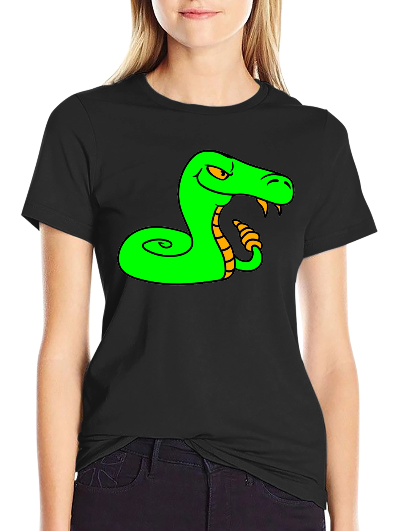 Black Green Snake Cartoon Graphic Black T-Shirt view 2