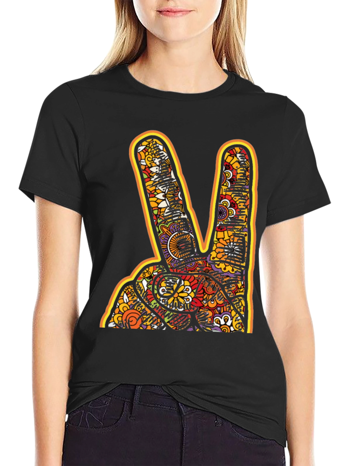 Black Peace Sign Graphic Tee - Groovy Retro Style view 2