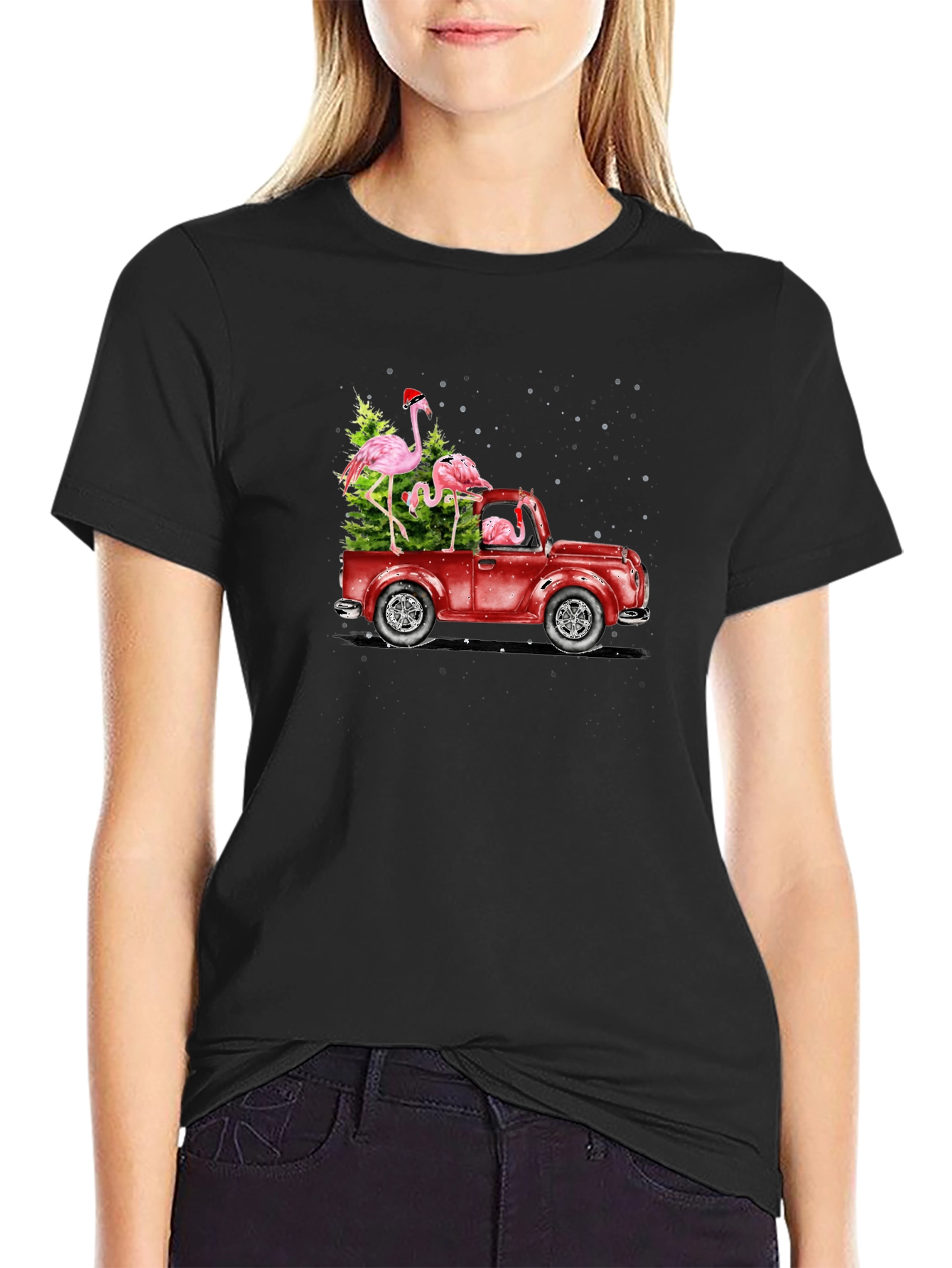 Black Flamingo Christmas Truck T-Shirt view 2