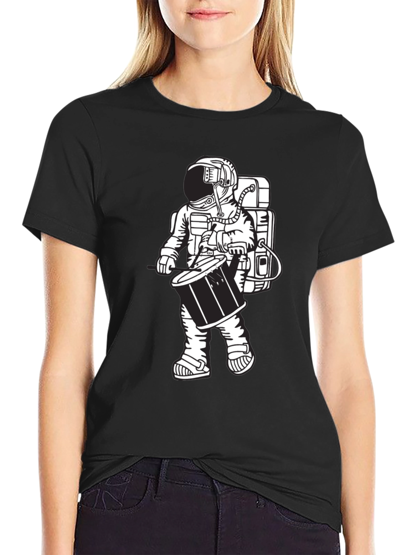 Black Astronaut Drummer Graphic Tee - Black Casual T-Shirt view 2