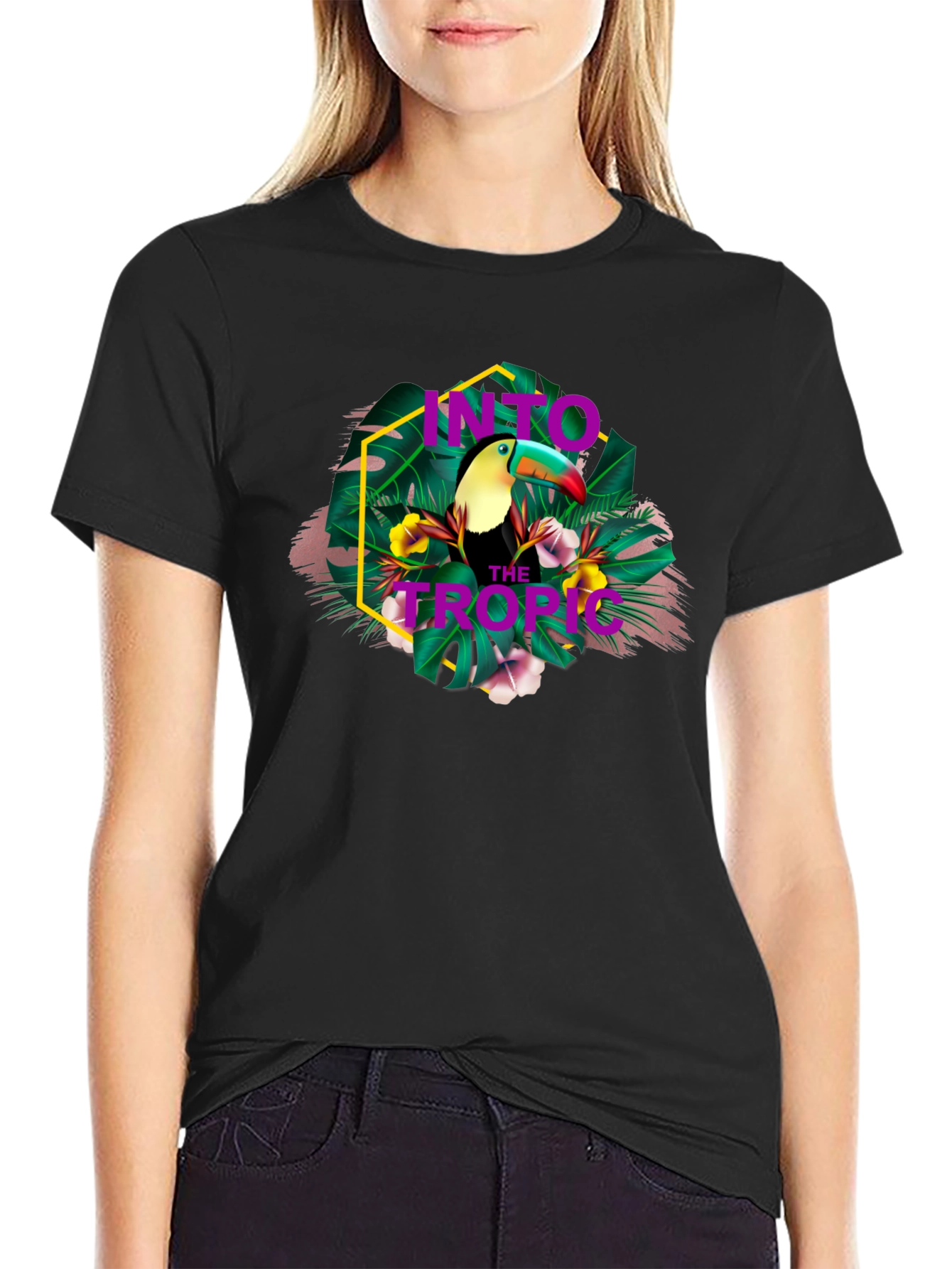 Black Tropical Toucan Graphic Print T-Shirt view 2