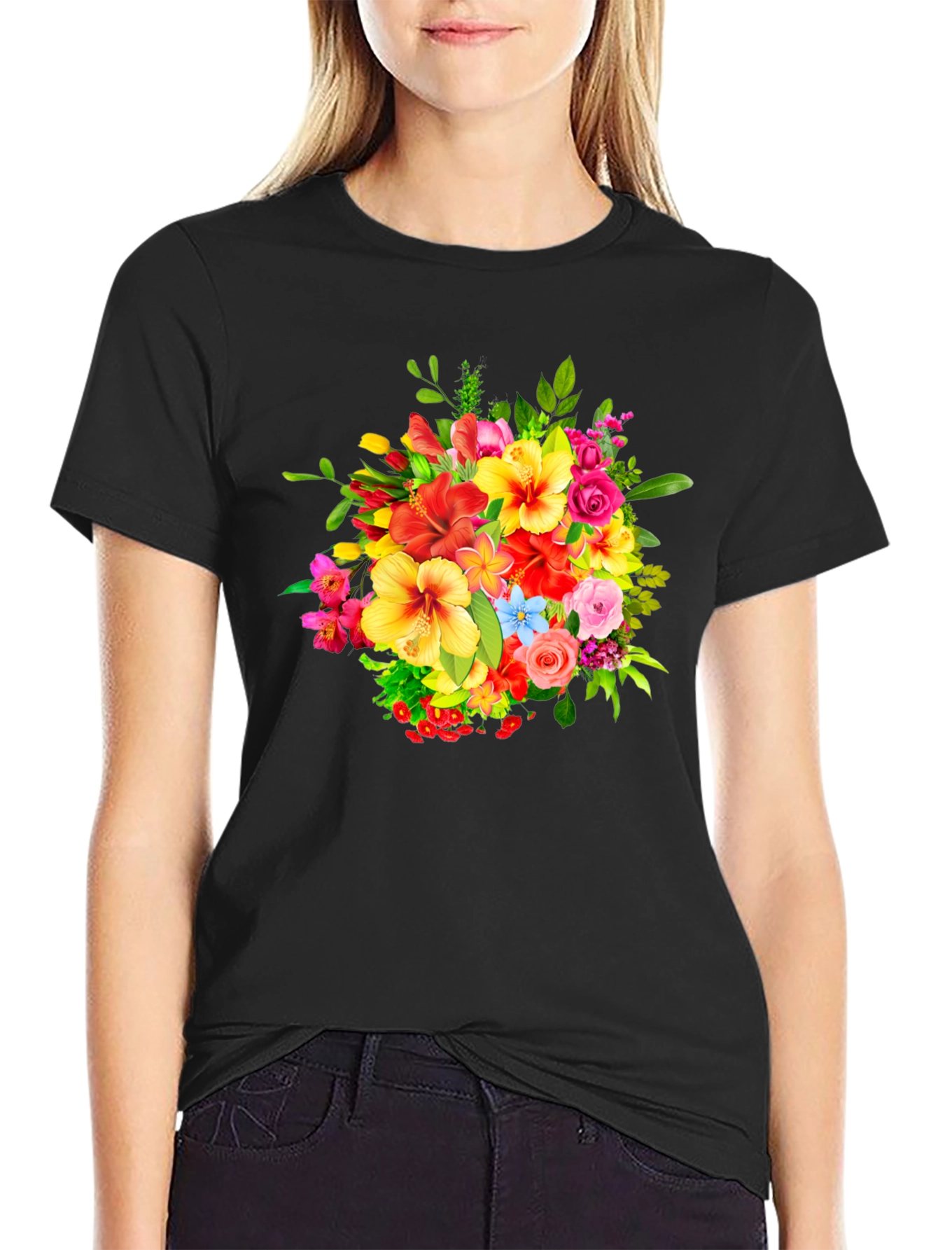 Black Floral Bouquet Graphic Print Black T-Shirt view 2