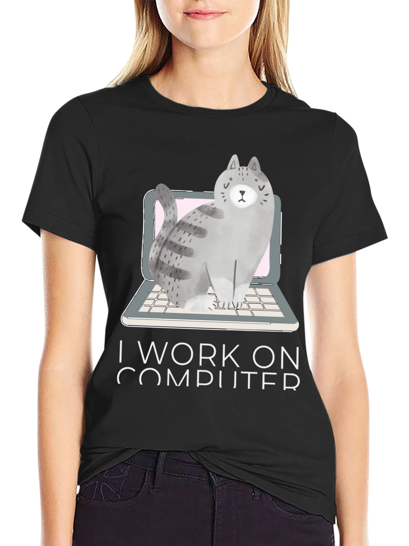 Black Cat on Laptop T-Shirt - I Work on Computer view 2