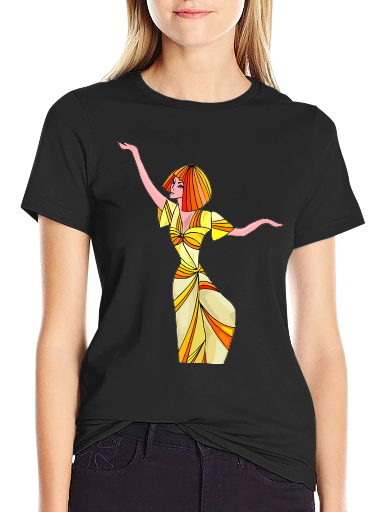 Black Groovy Retro Woman Graphic T-Shirt view 2