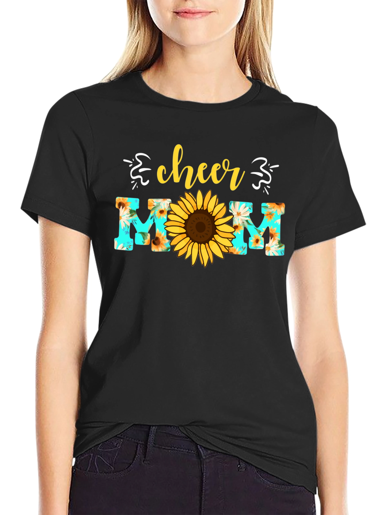 Black Cheer Mom Sunflower Graphic T-Shirt view 2