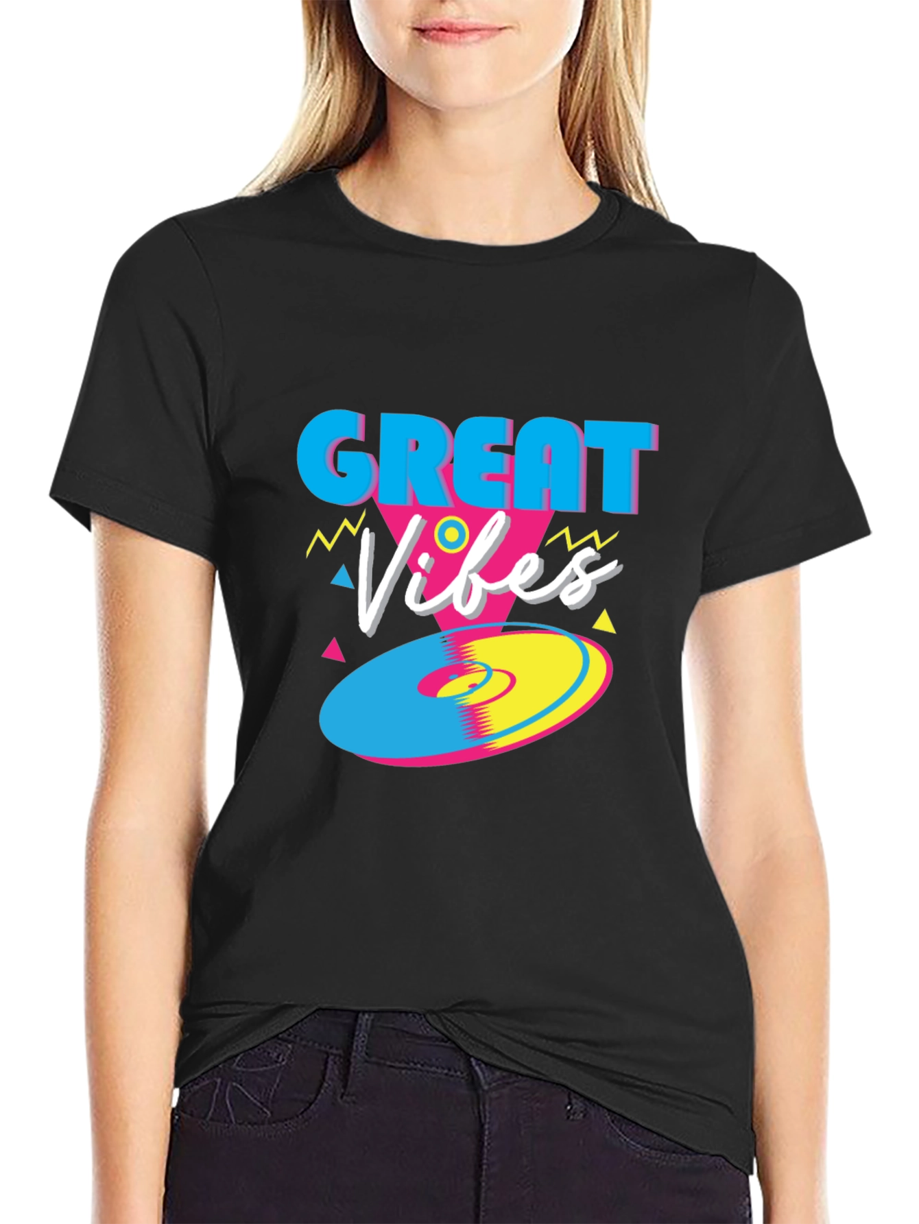 Black Great Vibes Retro T-Shirt - Funky 80s Style Tee view 2