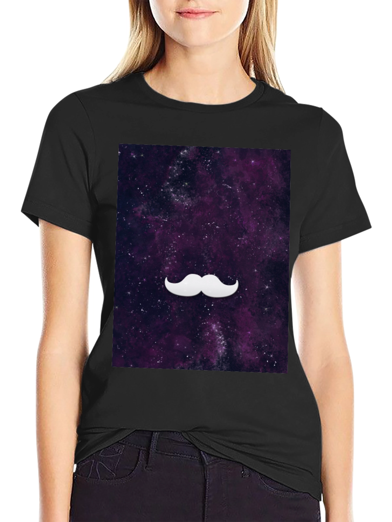 Black Galaxy Mustache Graphic Tee - Stylish Black Cotton T-Shirt view 2