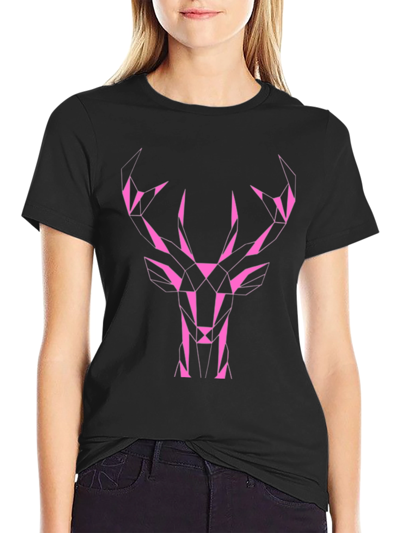 Black Geometric Deer Graphic Tee - Black Cotton view 2