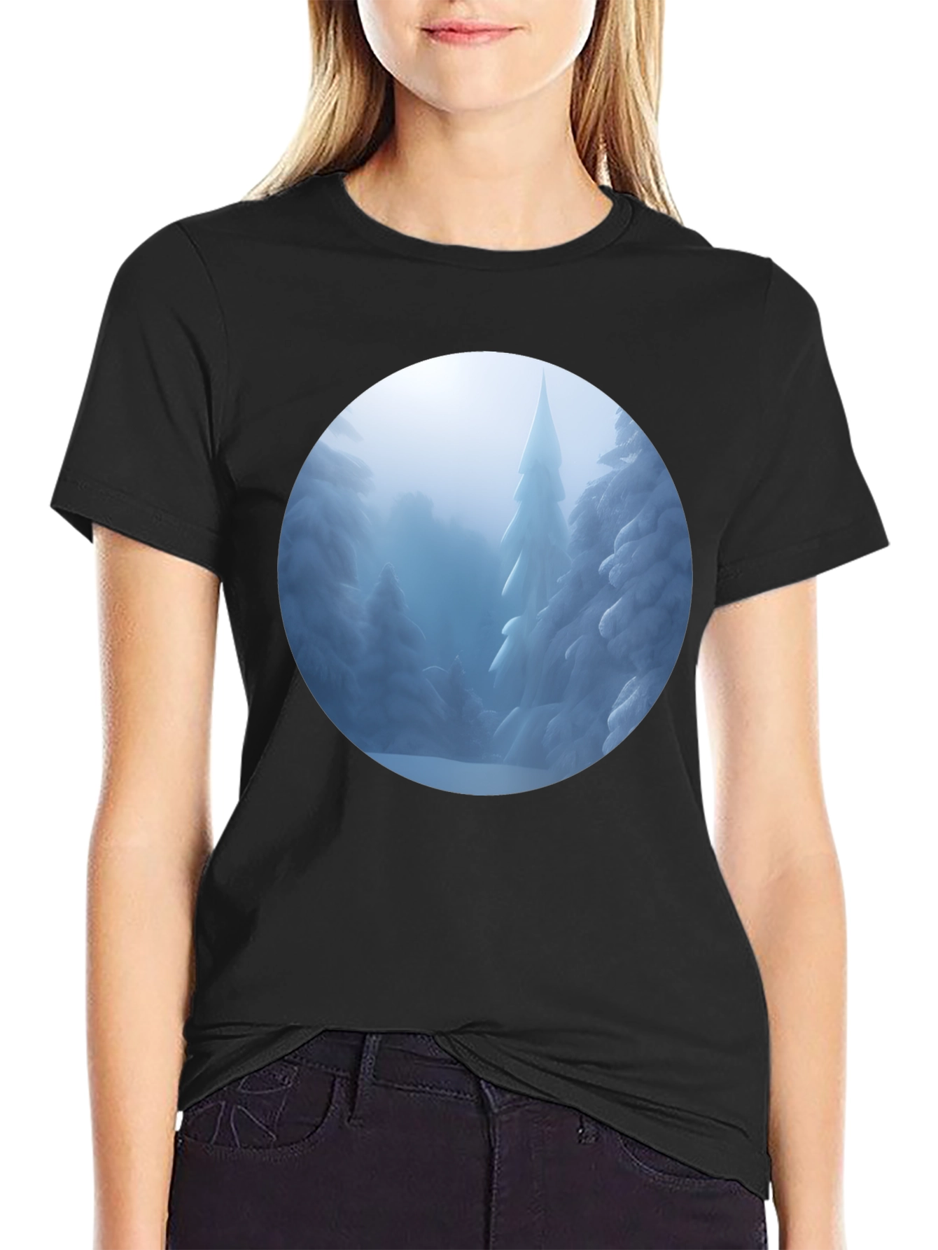 Black Winter Wonderland T-Shirt - Snowy Forest Scene view 2