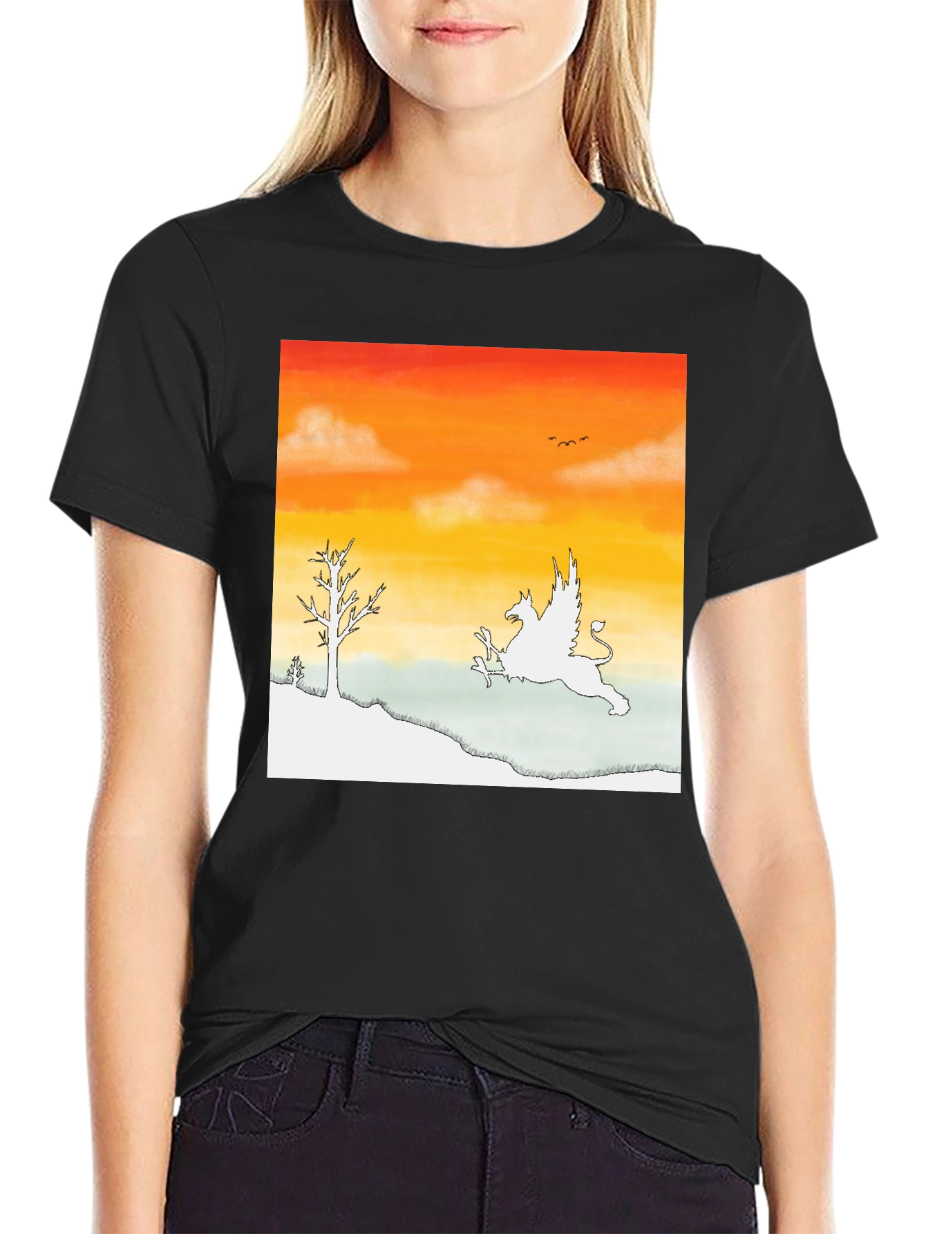 Black Griffin Sunset Graphic Tee - Fantasy Inspired Art view 2