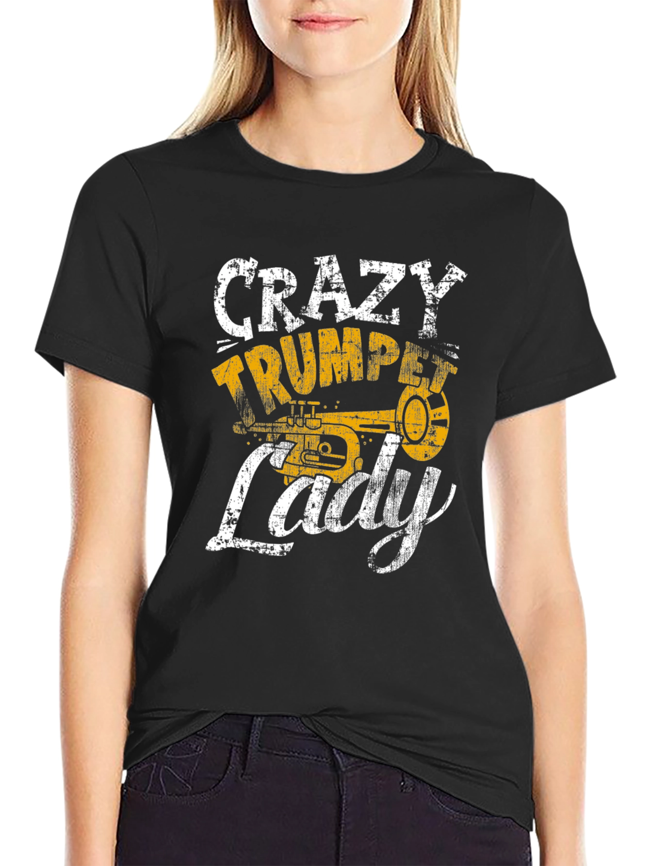 Black Crazy Trumpet Lady Graphic T-Shirt - Musician Tee view 2