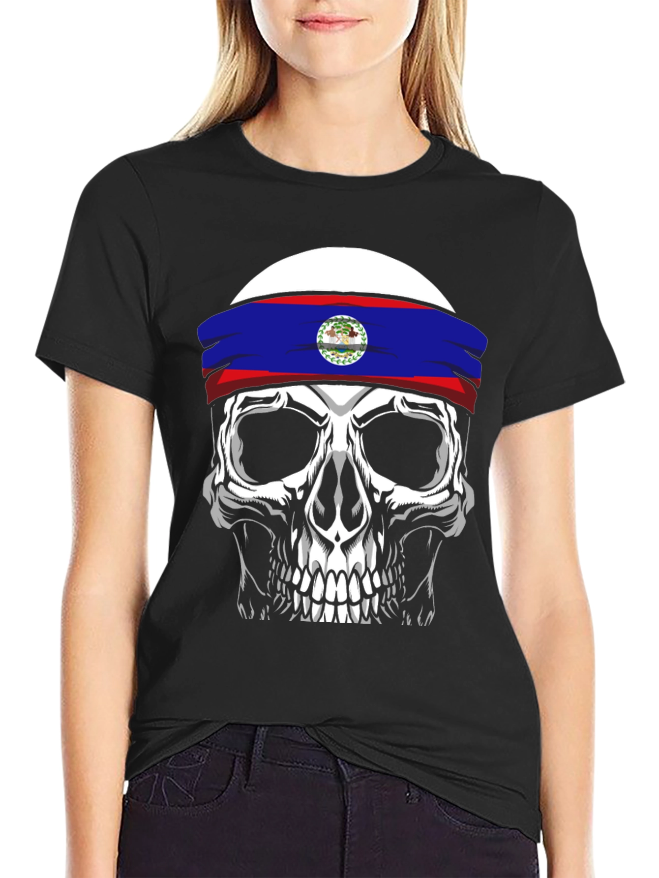 Black Skull Belize Flag Headband T-Shirt view 2