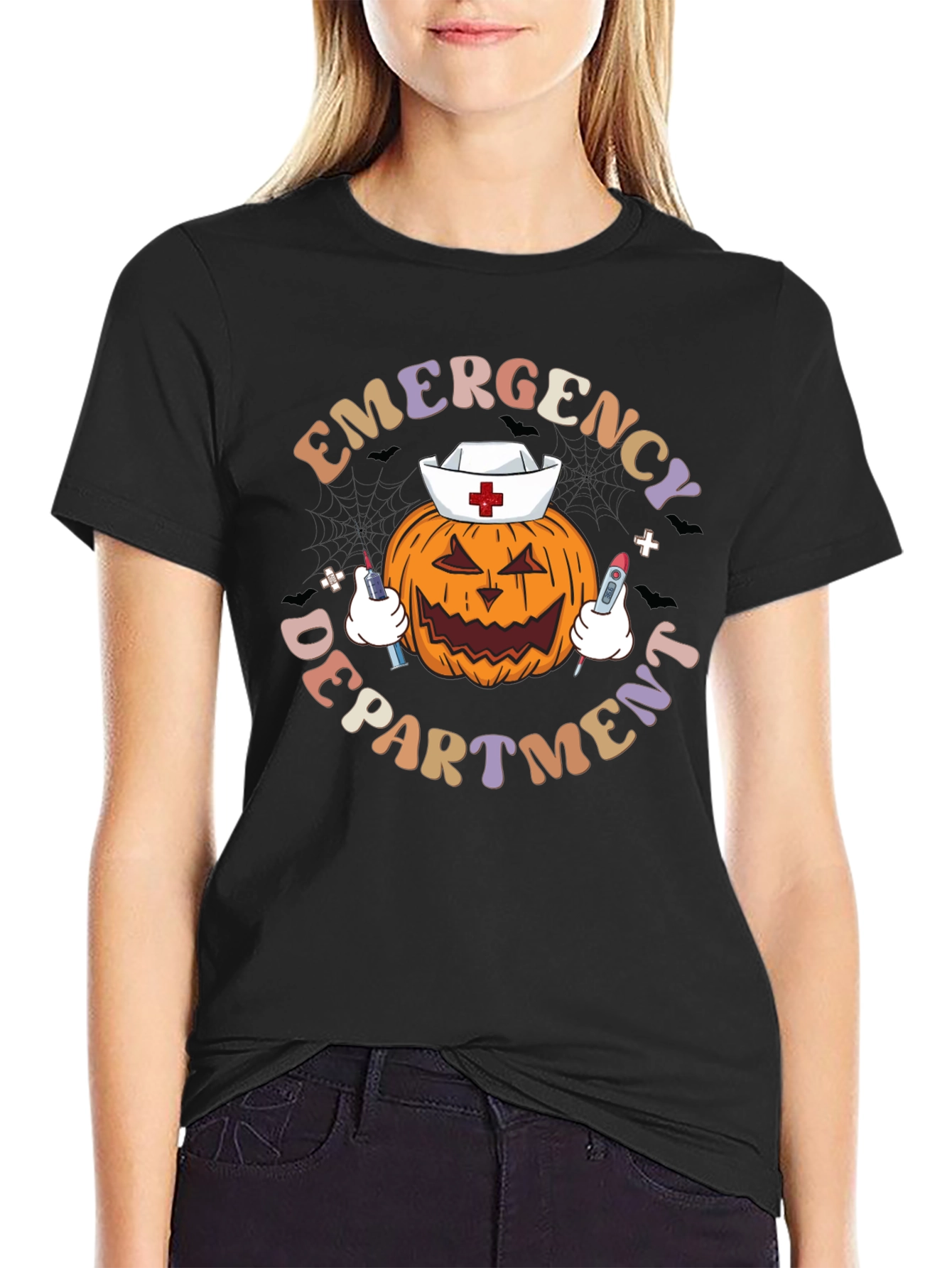 Black Emergency Dept. Halloween Pumpkin Nurse T-Shirt view 2