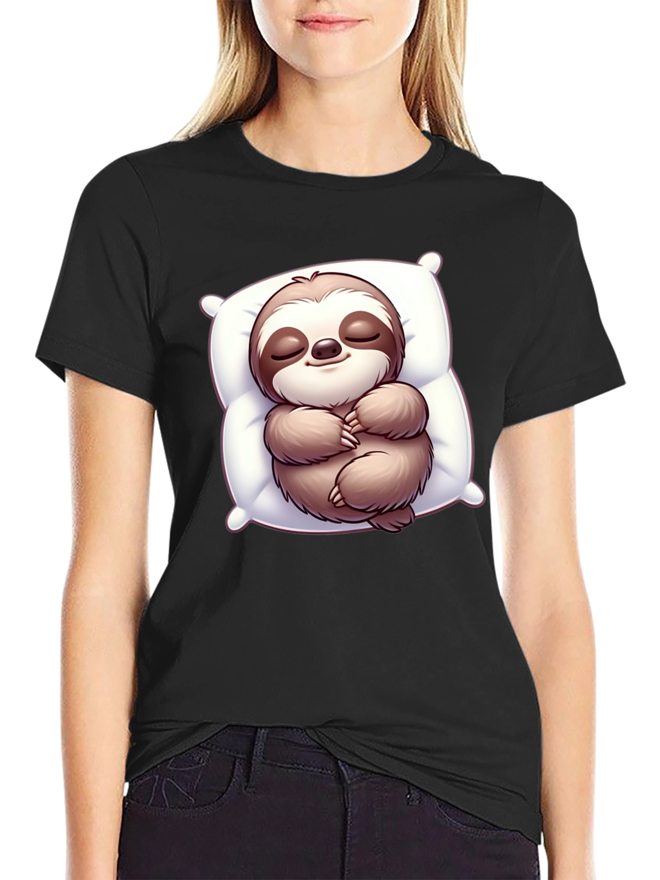 Black Cute Sloth Sleeping on Pillow Black T-Shirt view 2