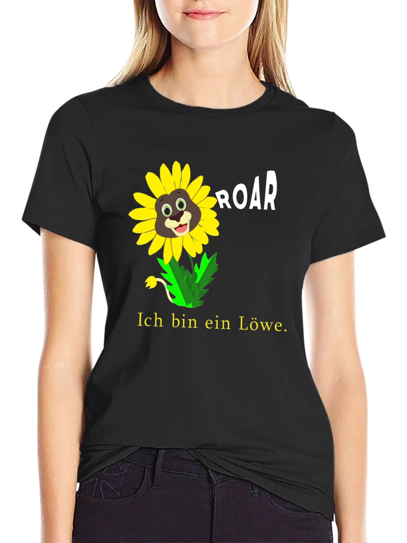 Black Ich Bin Ein Lowe Sunflower Lion Graphic T-Shirt view 2