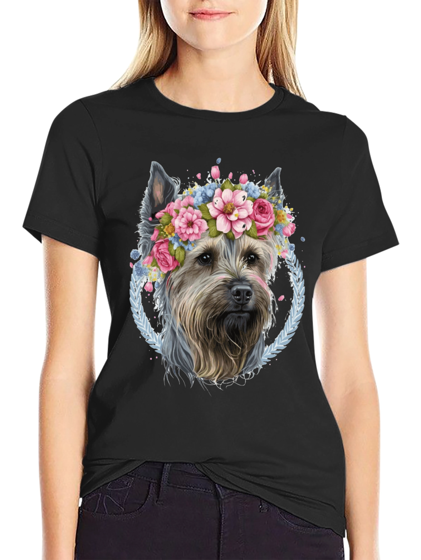 Black Dog Lover T-Shirt - Floral Crown Yorkie Tee view 2