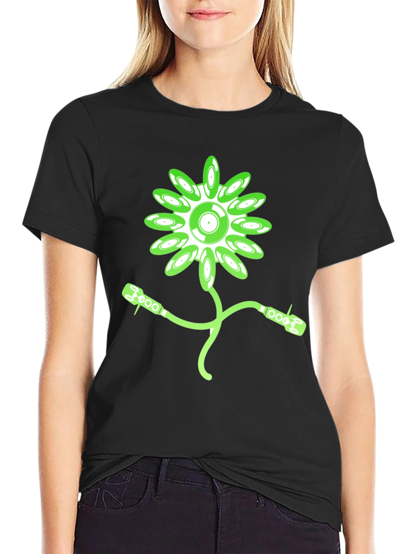 Black Groovy Record Flower Graphic Tee - Black Cotton T-Shirt view 2