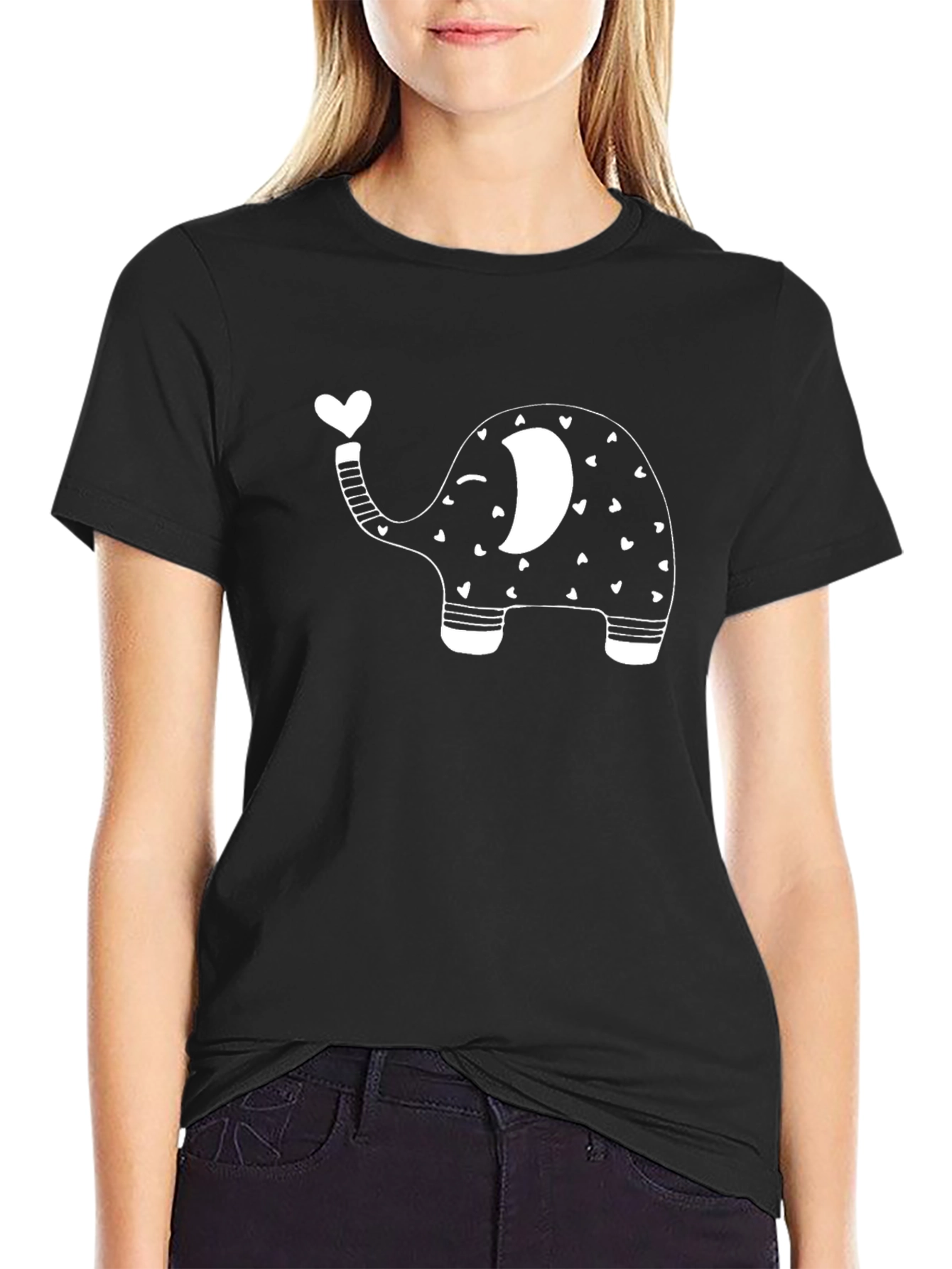 Black Cute Elephant Heart T-Shirt - Black Cotton Tee view 2
