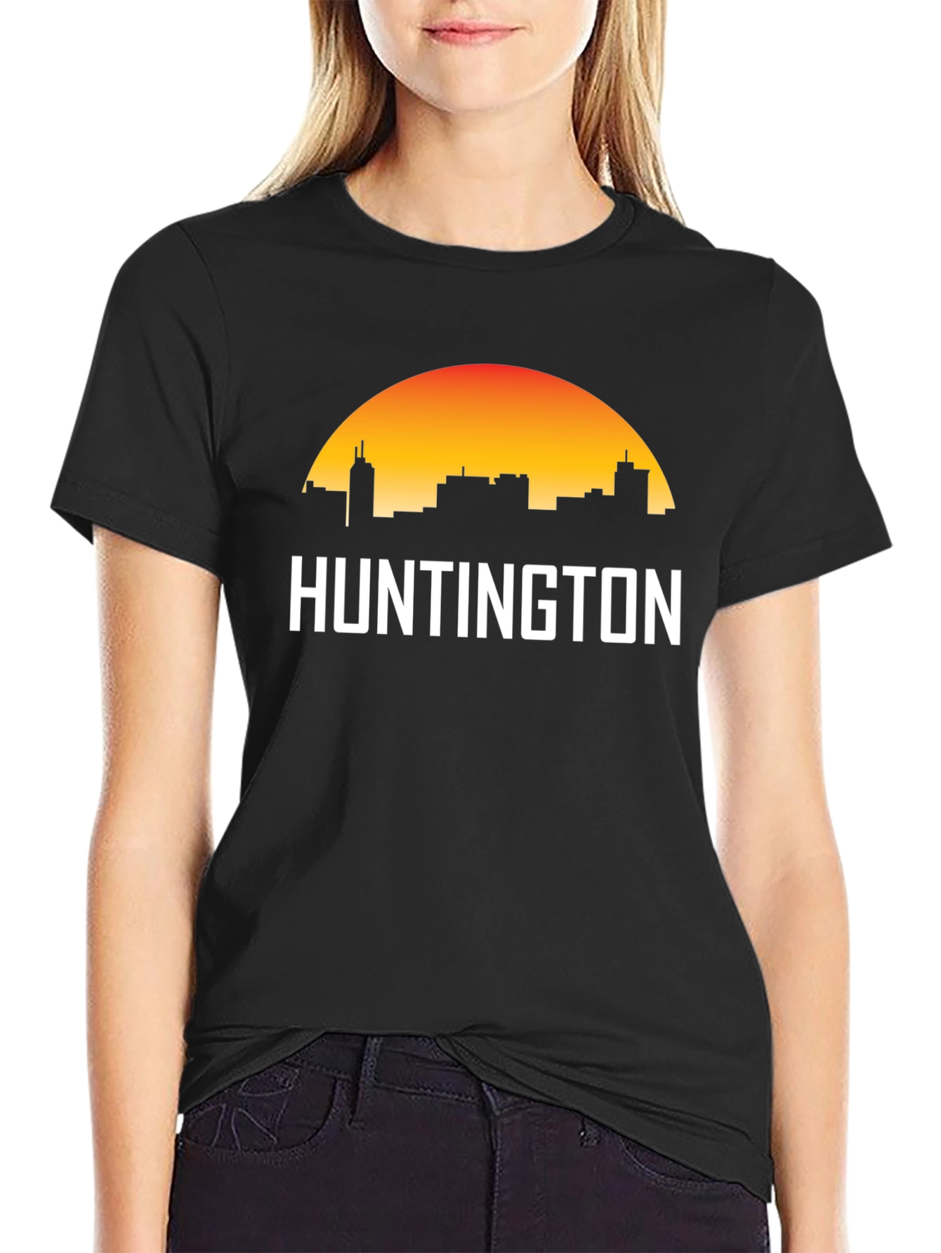 Black Huntington City Skyline T-Shirt - Sunset Graphic Tee view 2