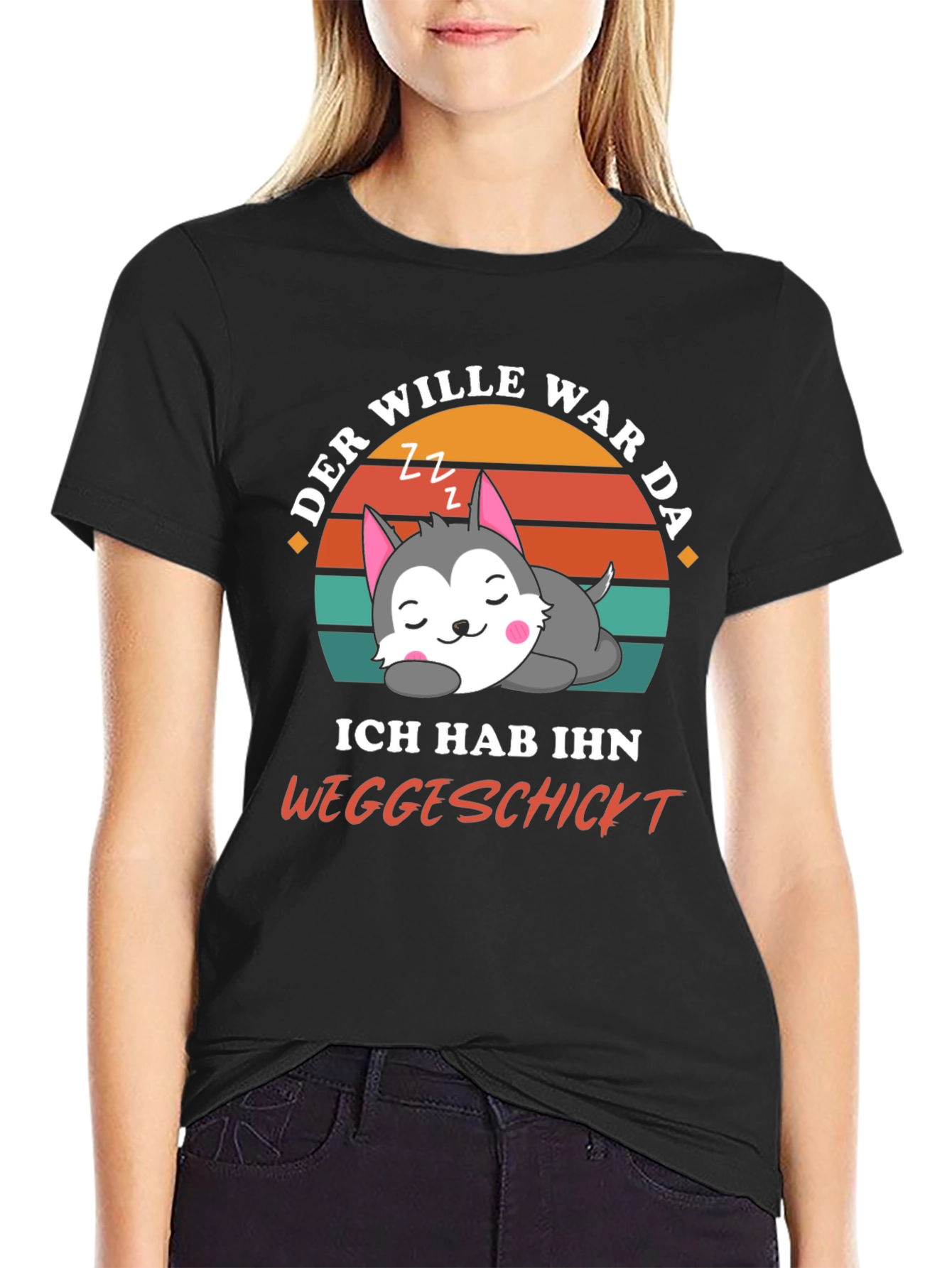 Black Funny Sleepy Wolf T-Shirt -  Der Wille War Da view 2