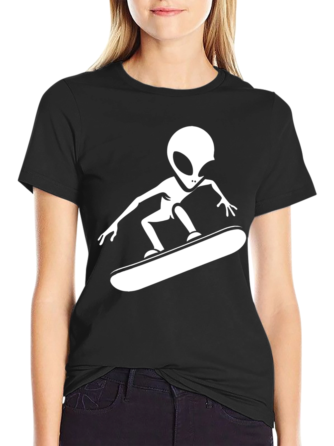Black Alien Skateboarder Graphic Tee - Cool Casual Style view 2
