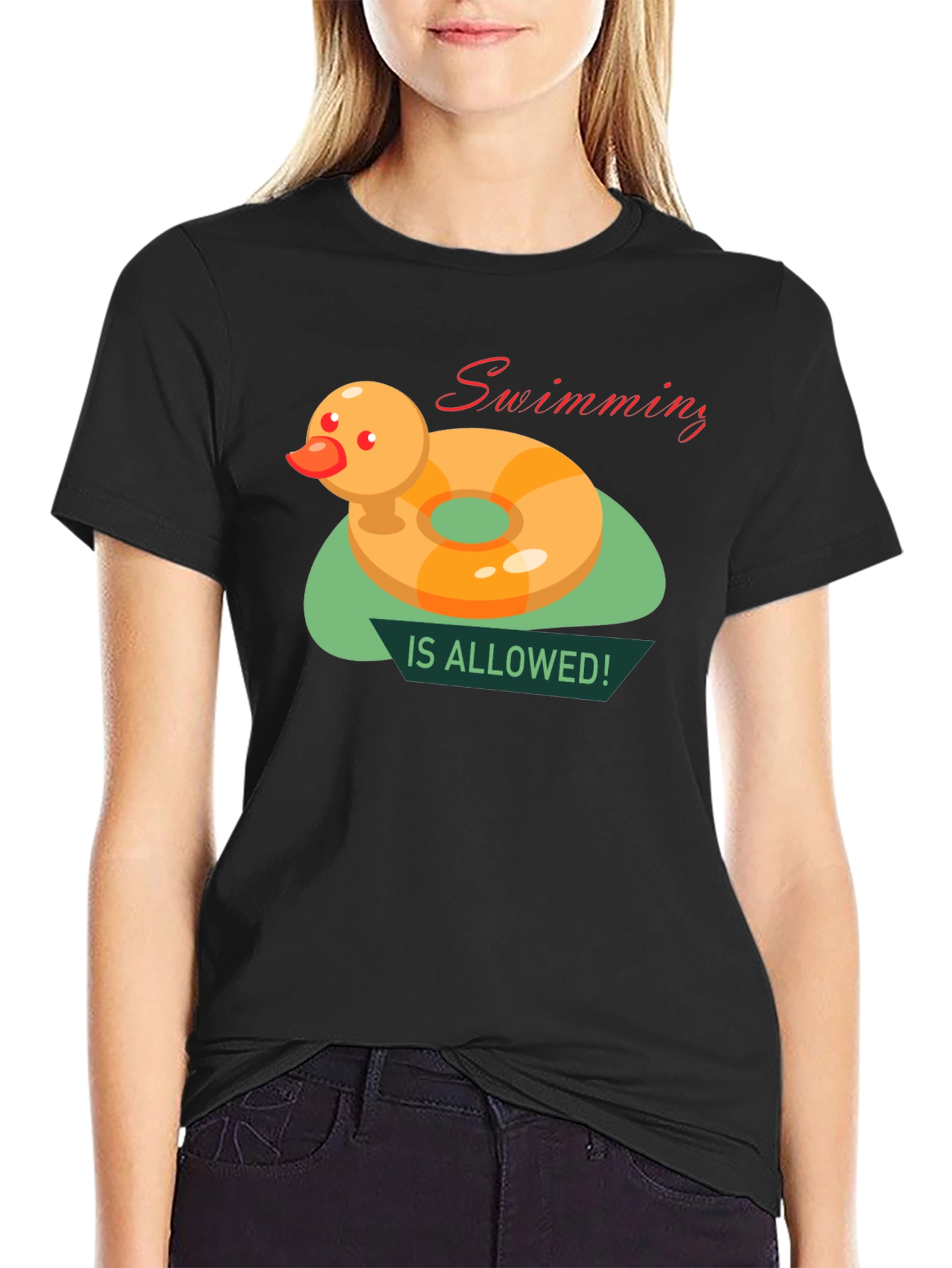 Black Funny Duck Swimming T-Shirt view 2