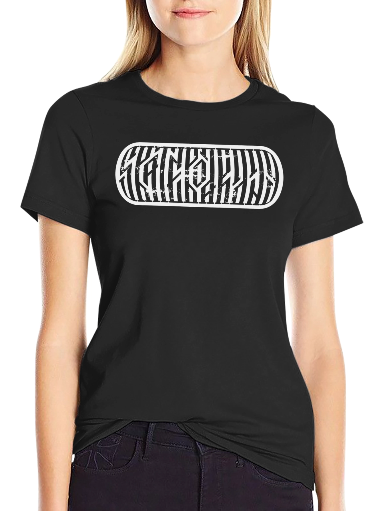 Black Graphic Tee - Distressed Stripe Design - 2