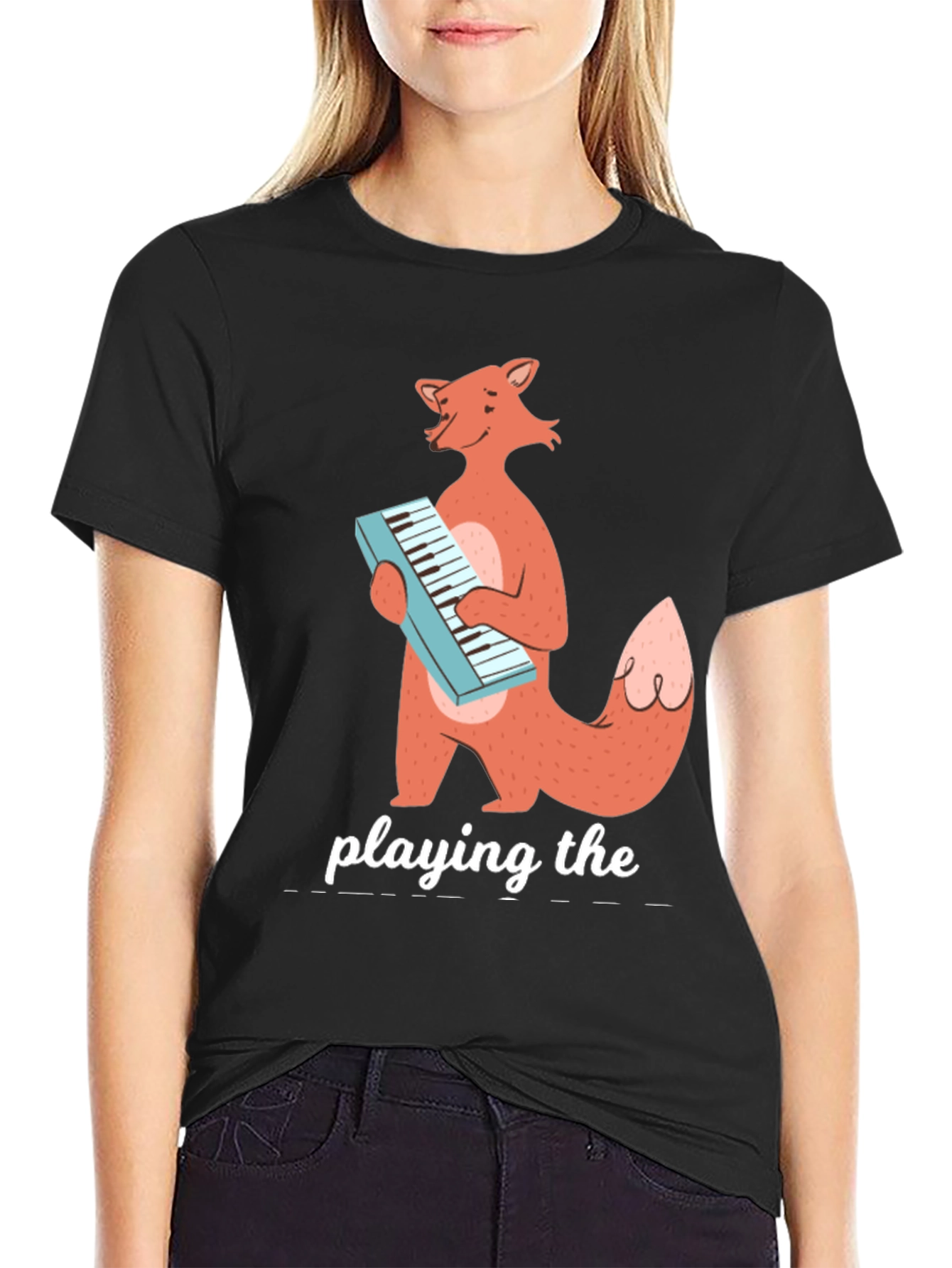 Black Fox Playing Keyboard Funny Graphic T-Shirt view 2