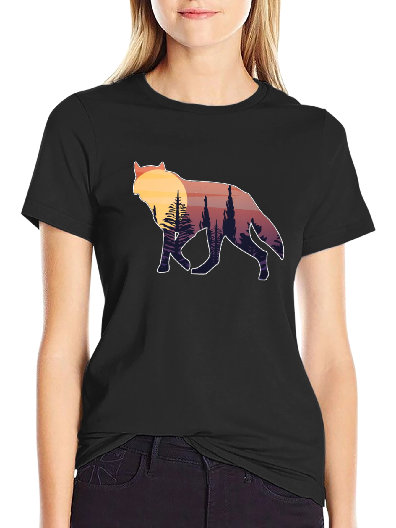 Black Wolf Silhouette Graphic Tee - Sunset Forest Design view 2