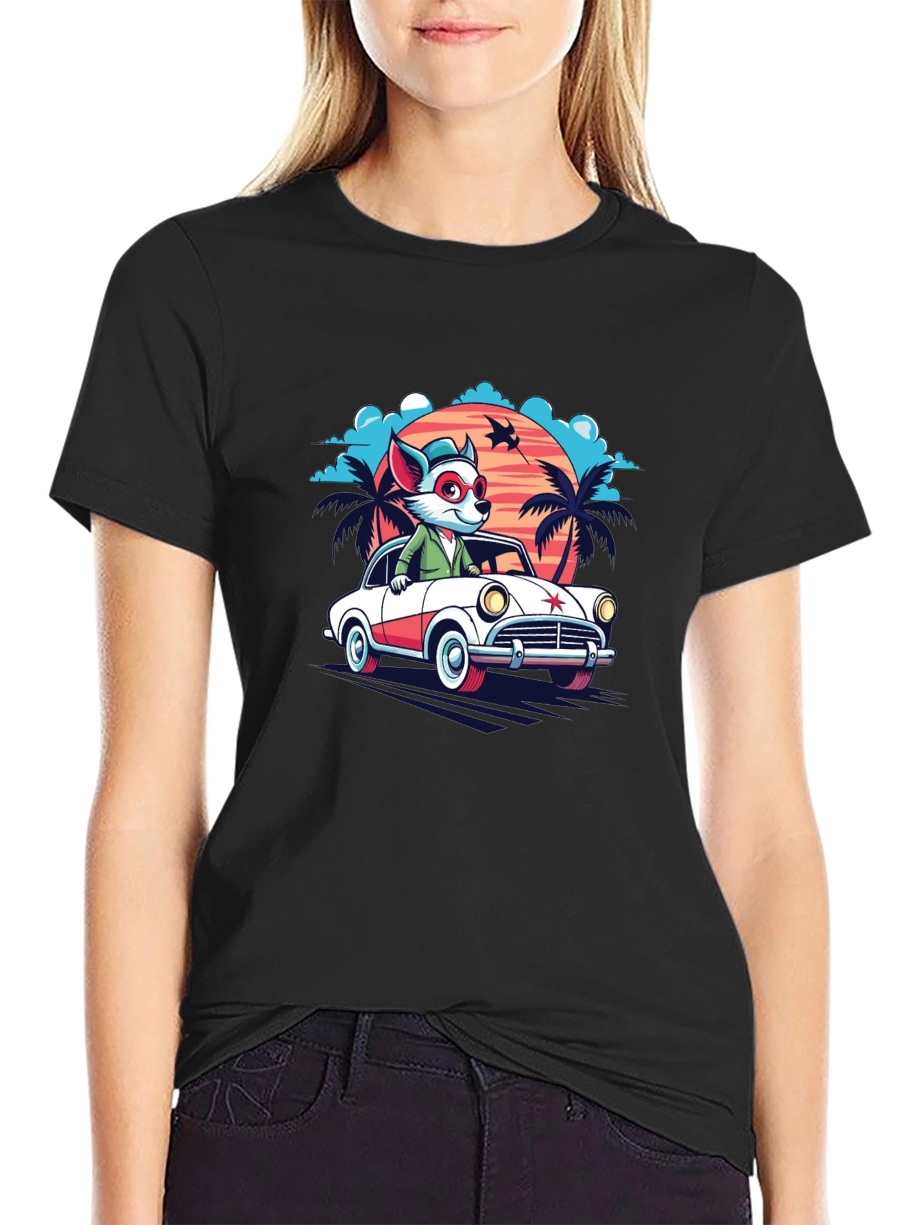 Black Cool Cartoon Fox Car T-Shirt view 2